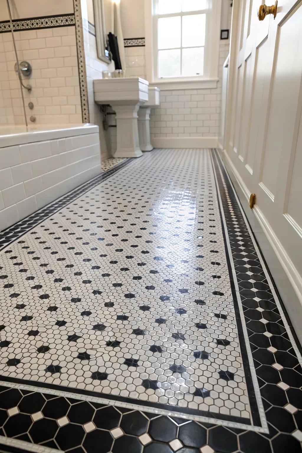 Dark orb squares incorporate a spirited, retro accent to the bathroom floor.