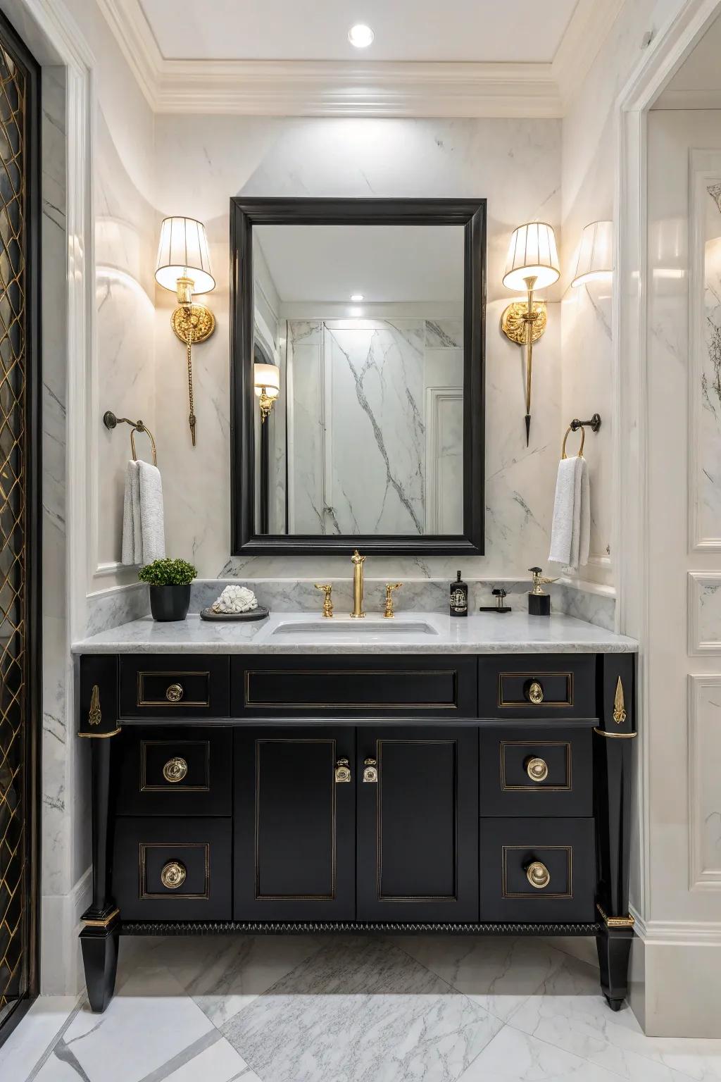 Stone features paired with a dark washstand create an atmosphere of opulence.