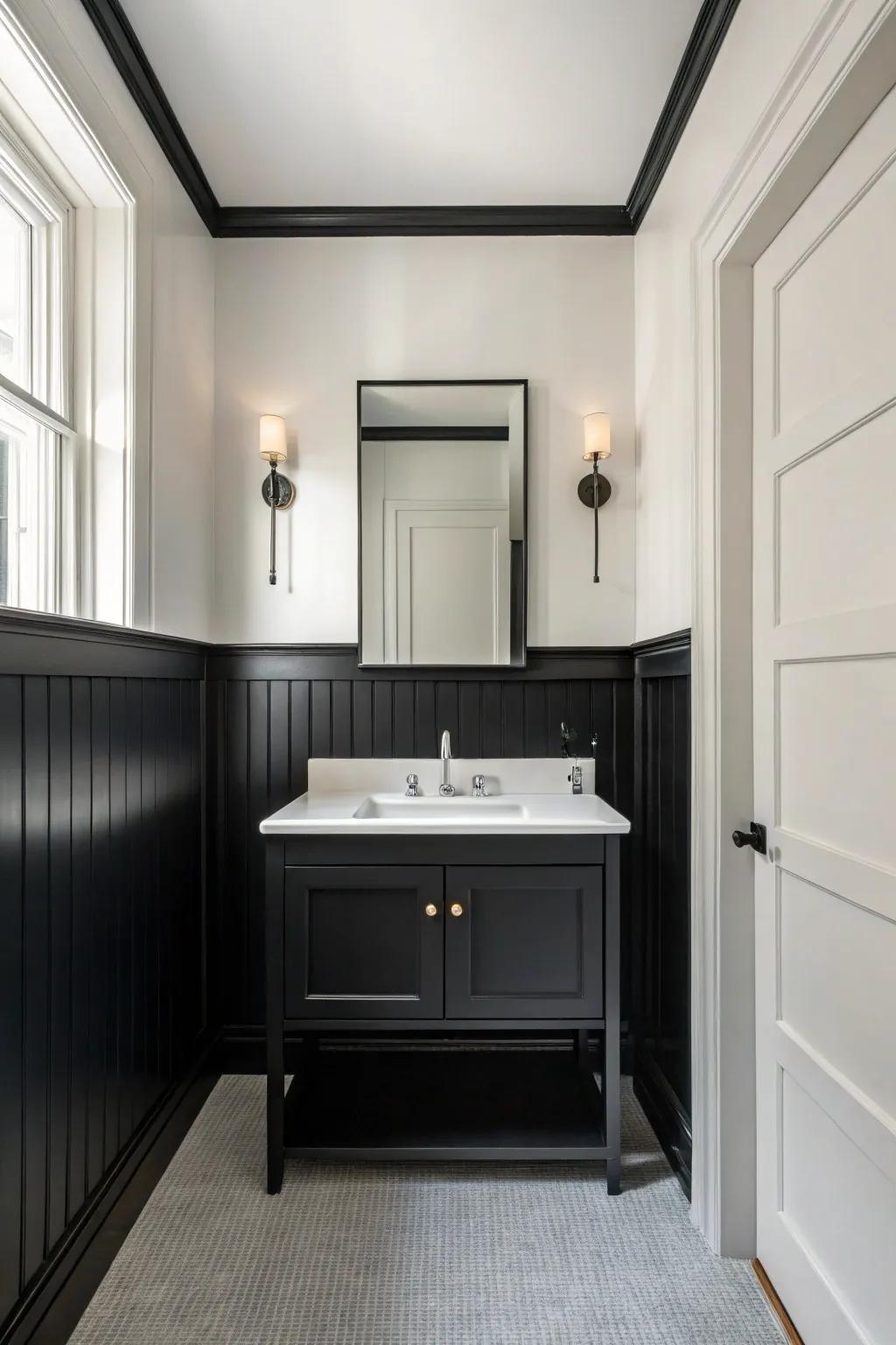 Modern minimalist bathroom with sleek dark-toned wood panels.