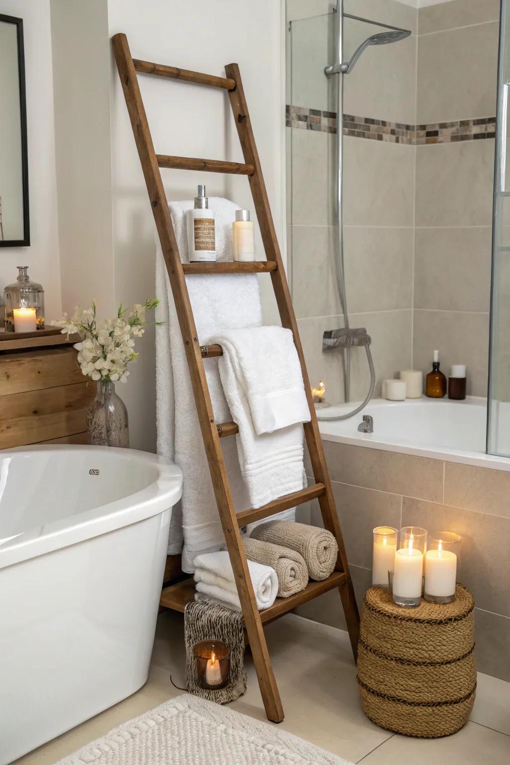 Display stairs for throws bring class and function to the bathroom.