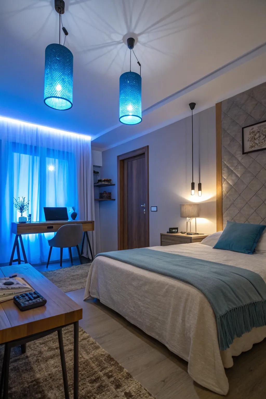 Azure illumination fixtures inject a modern touch.