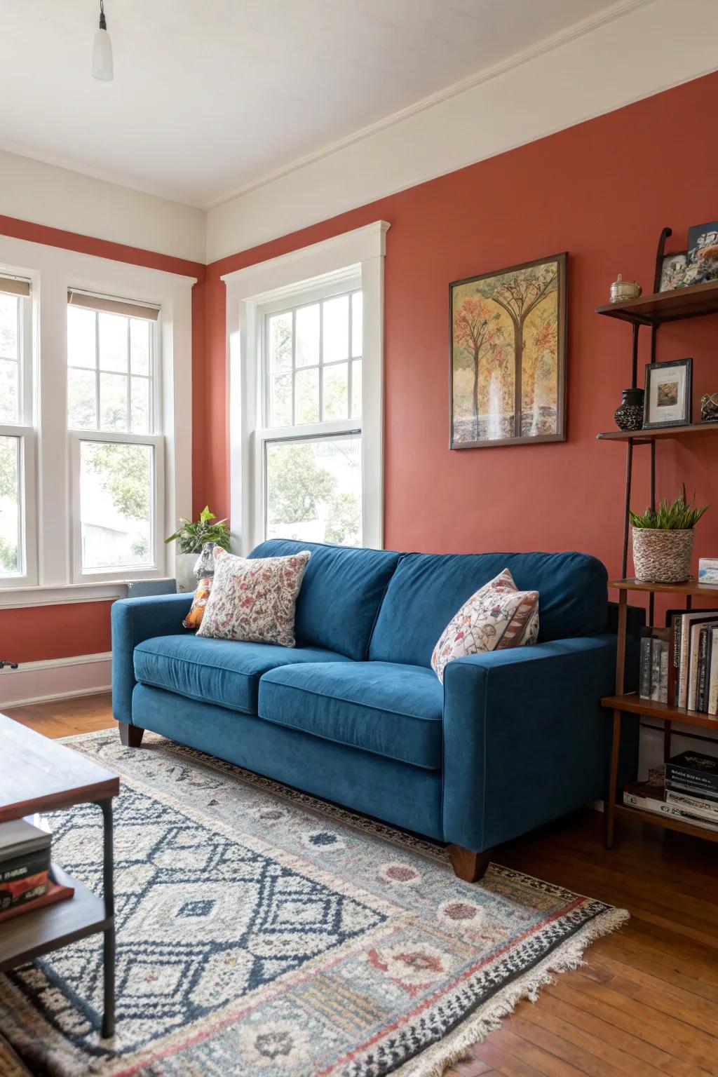 A bold feature wall makes the cerulean settee dramatically stand out.