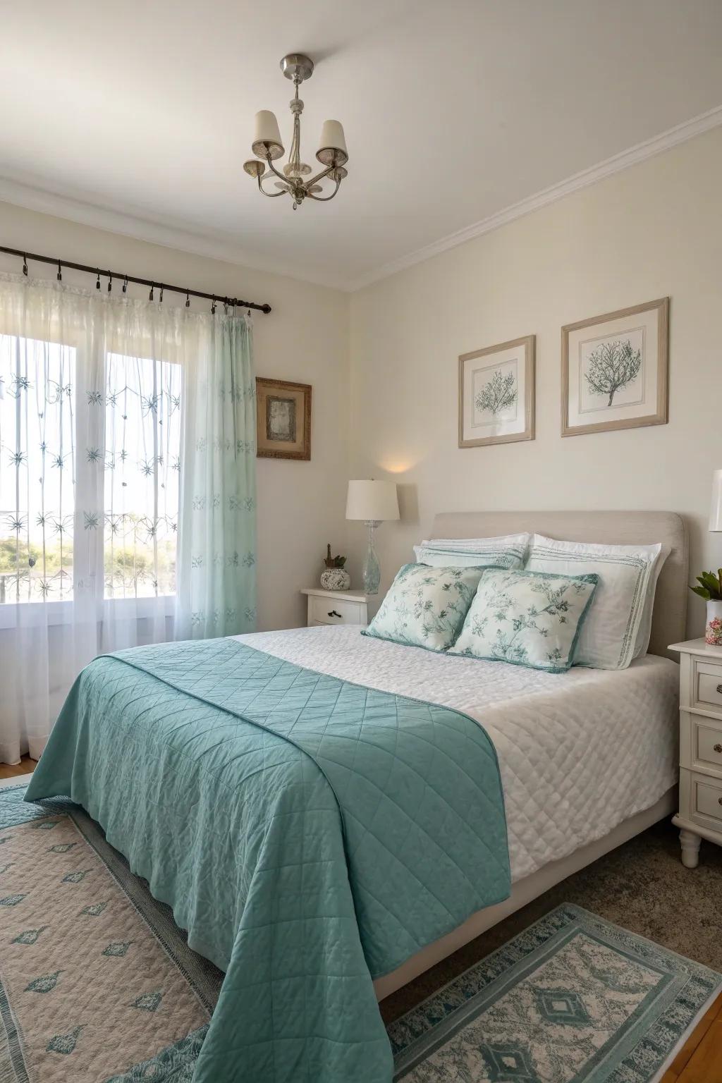 Azure-emerald tones make a tranquil bedroom.