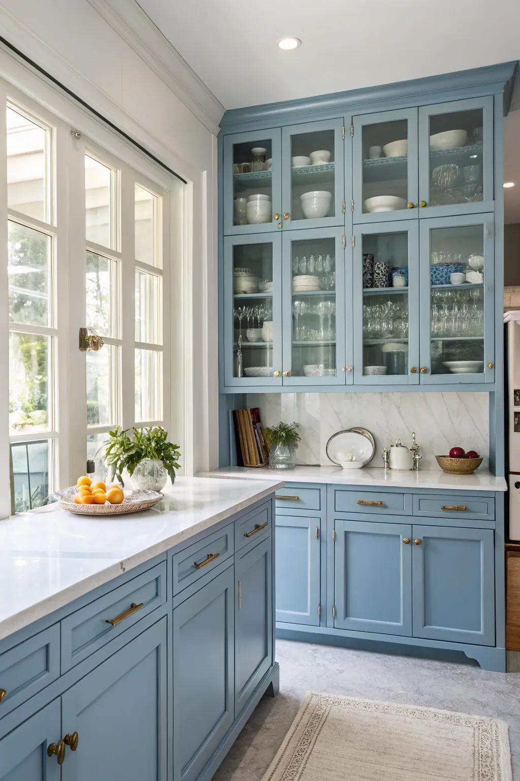 Elegant crystal front azure cabinets showcase favorite serveware.