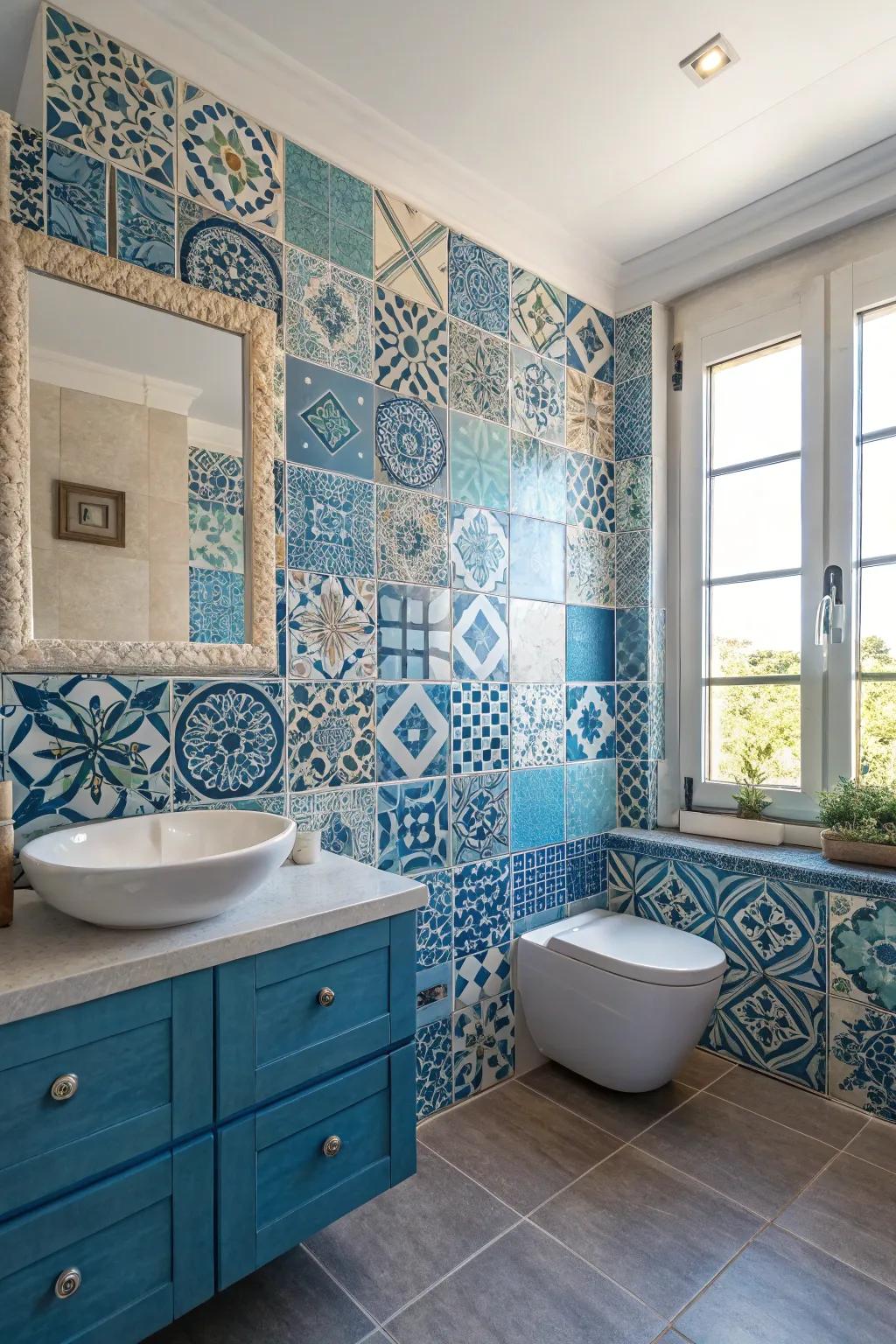An eclectic mix of blue tiles creates a unique and personalized bathroom design.