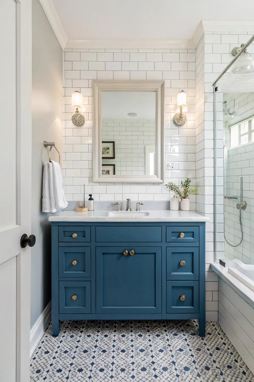 The convergence of classic white and azure cultivates a timeless and versatile design.