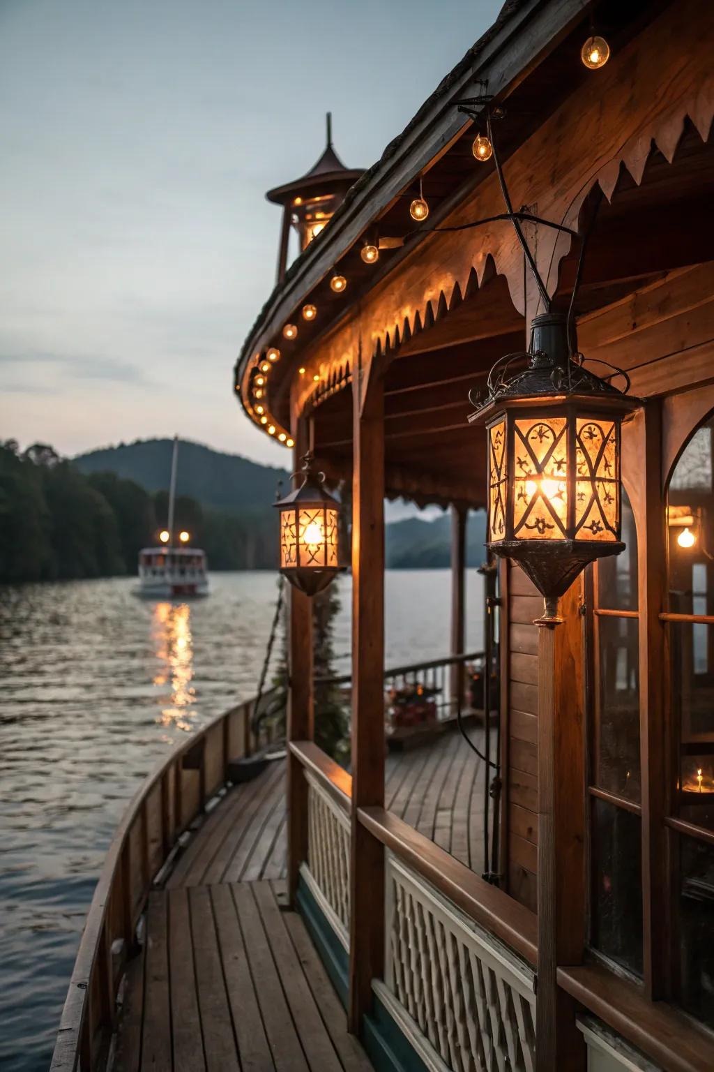 Yesteryear lanterns usher a sentimental allure into the boat house setting.