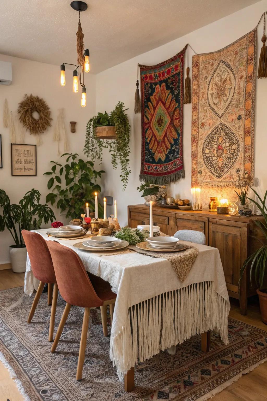 Tassels injecting playfulness into a boho dining area.