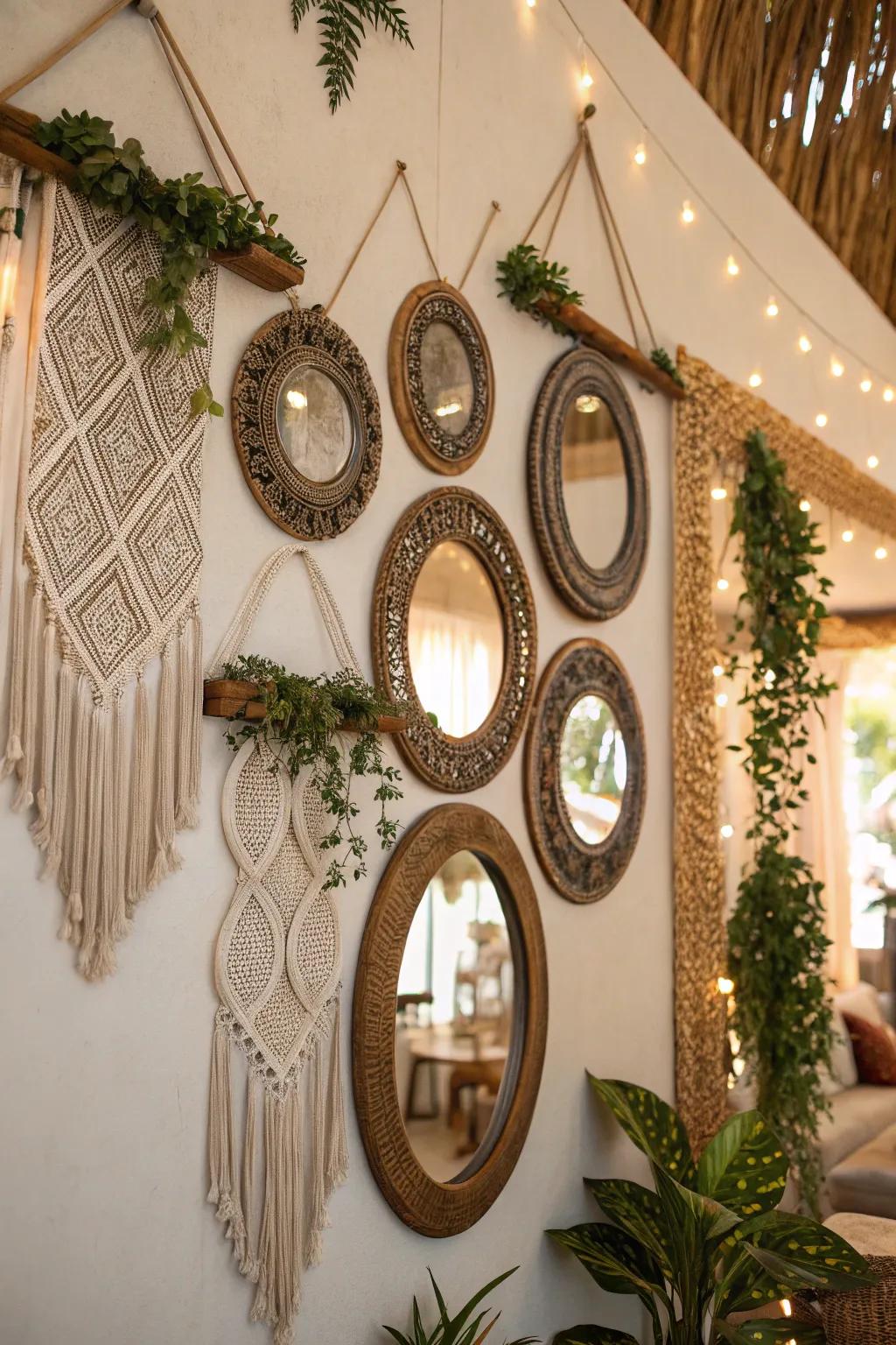 Ornamental reflectors enhance the light and depth of this bohemian wall.