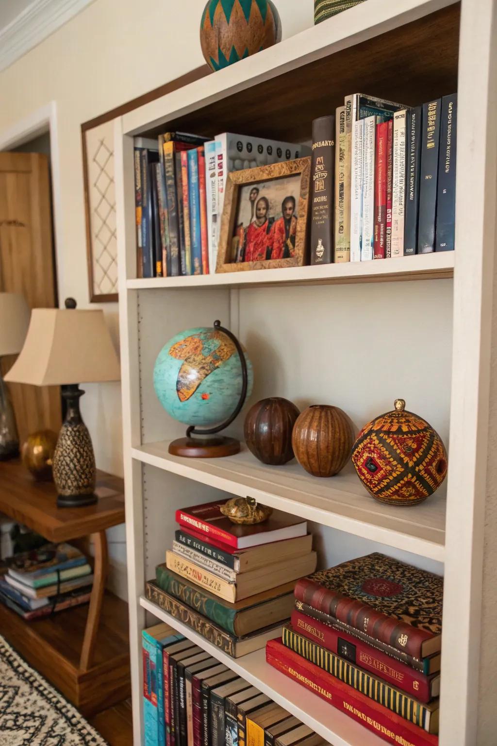 A bookshelf that chronicles tales of expeditions and exhibits cosmopolitan treasures.