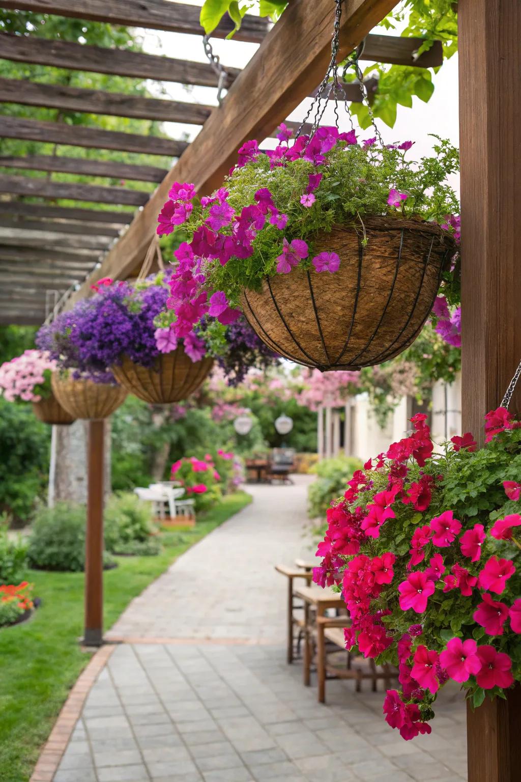 Suspended baskets with bougainvillea enhancing allure from above.