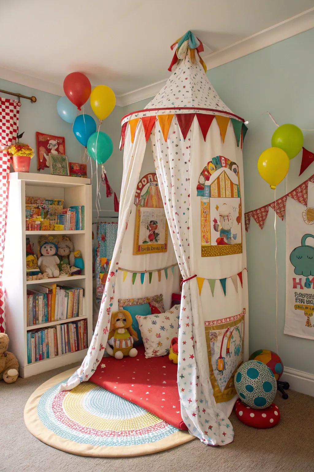 Gather around for a night of fun with this circus-themed canopy bed.