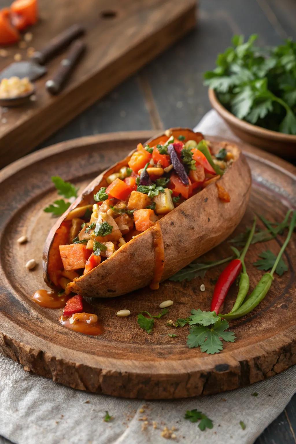 A sweet potato generously loaded with vibrant vegetables for a satisfying breakfast.
