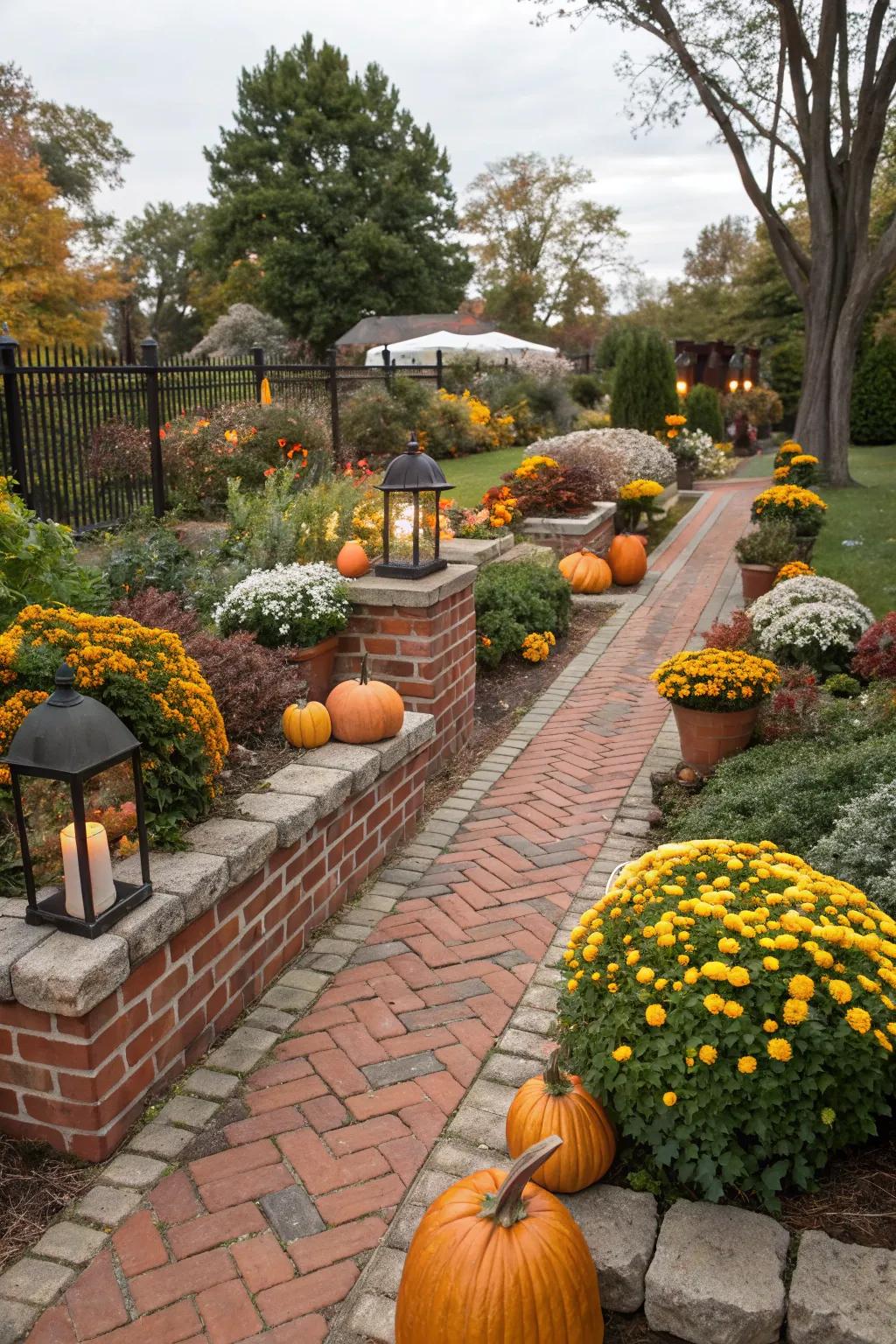 Seasonal embellishments augment the charm of blockwork flora containers.