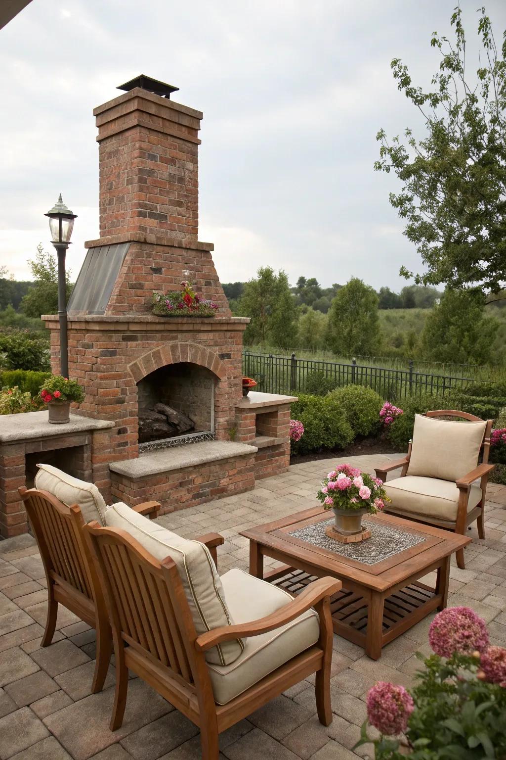 An outdoor patio featuring a brick hearth as a charming gathering spot.