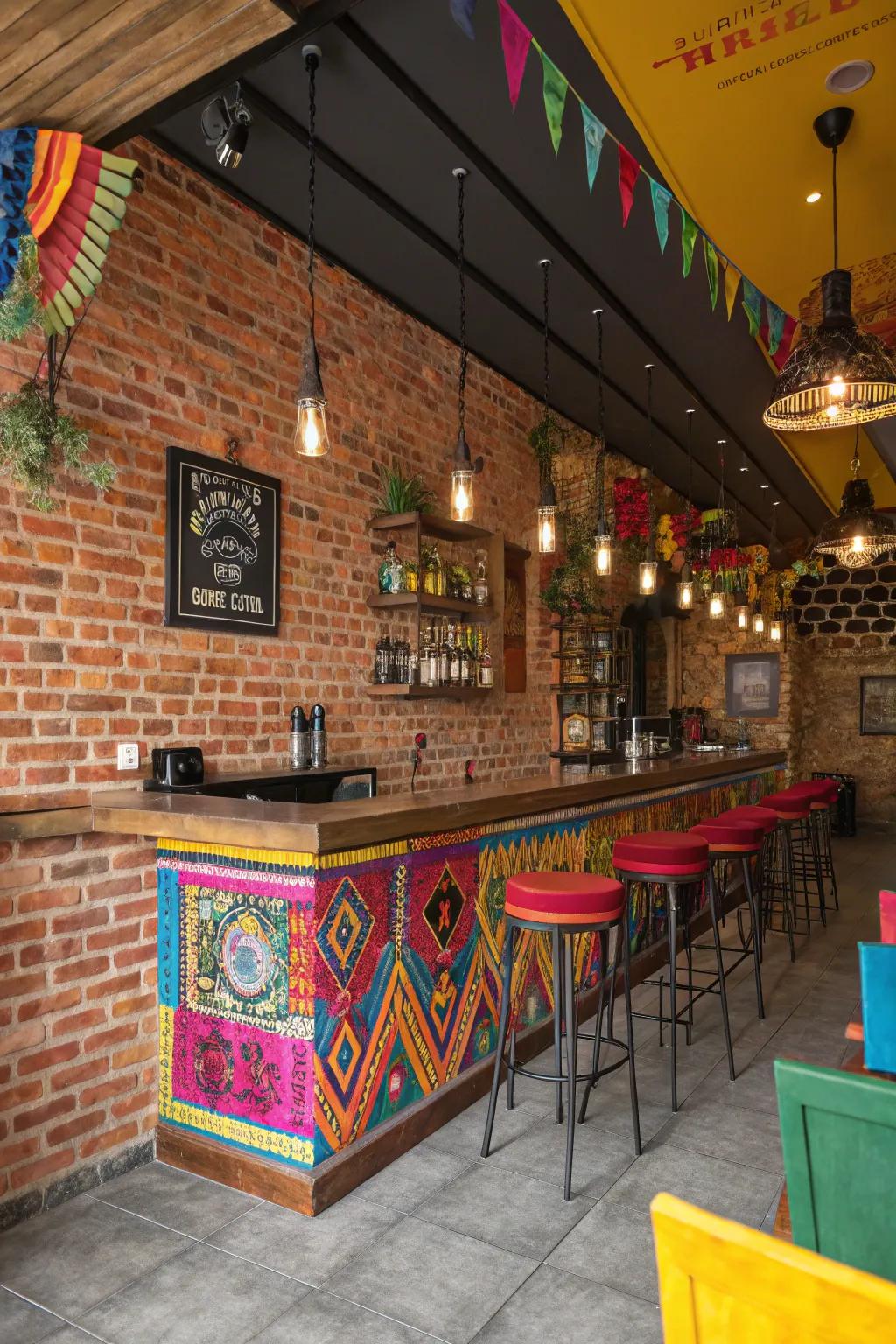 Bold colors create a vibrant atmosphere in a brick wall bar.