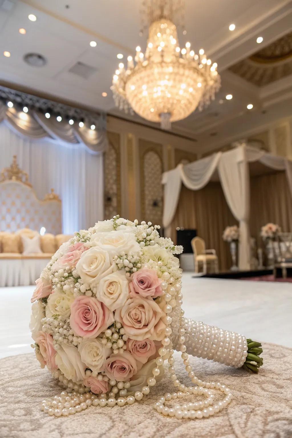 Beads and gems present a ravishing stroke to bridal flower drapes.