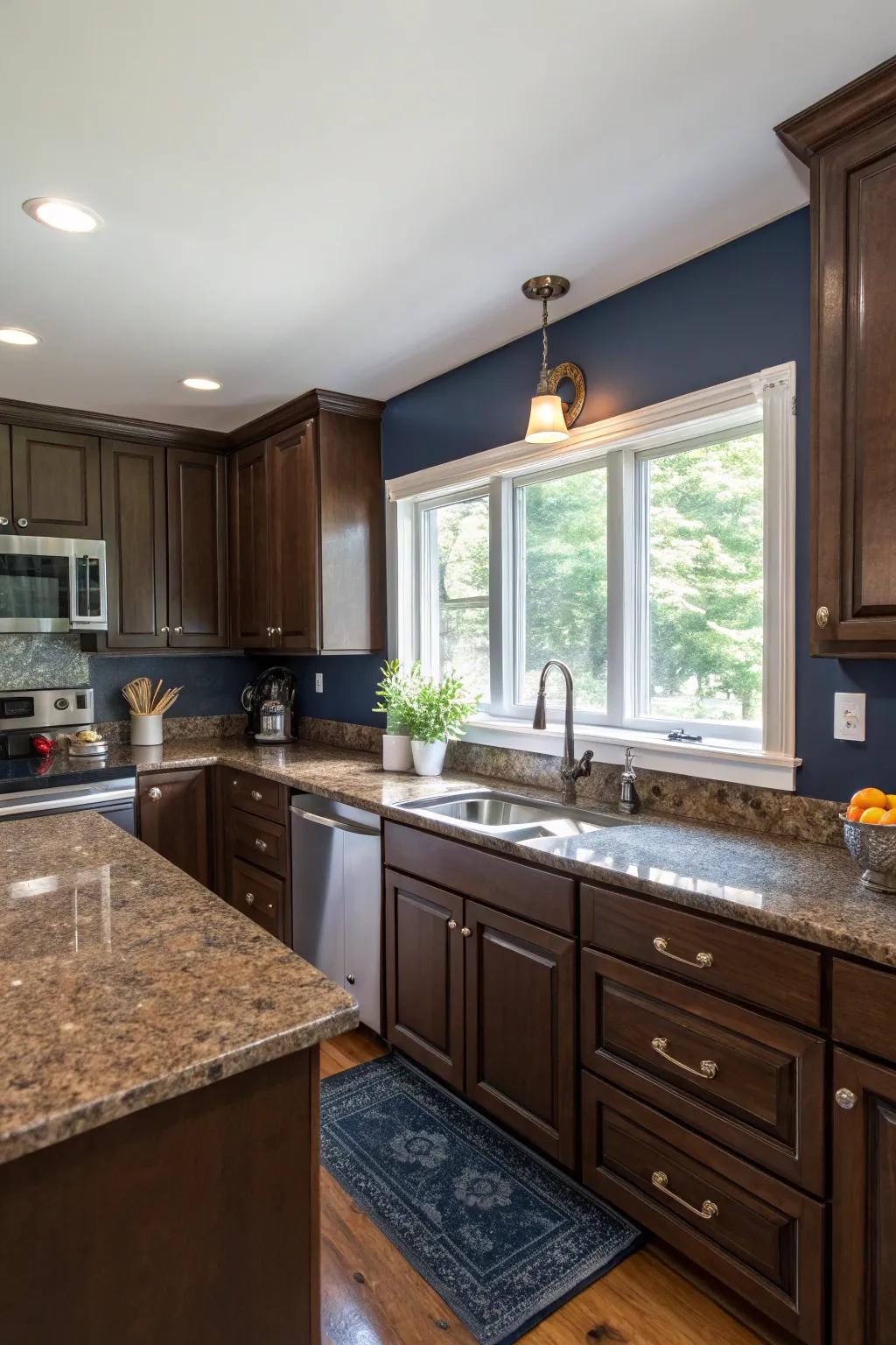 Deep blue walls create a striking, regal contrast.