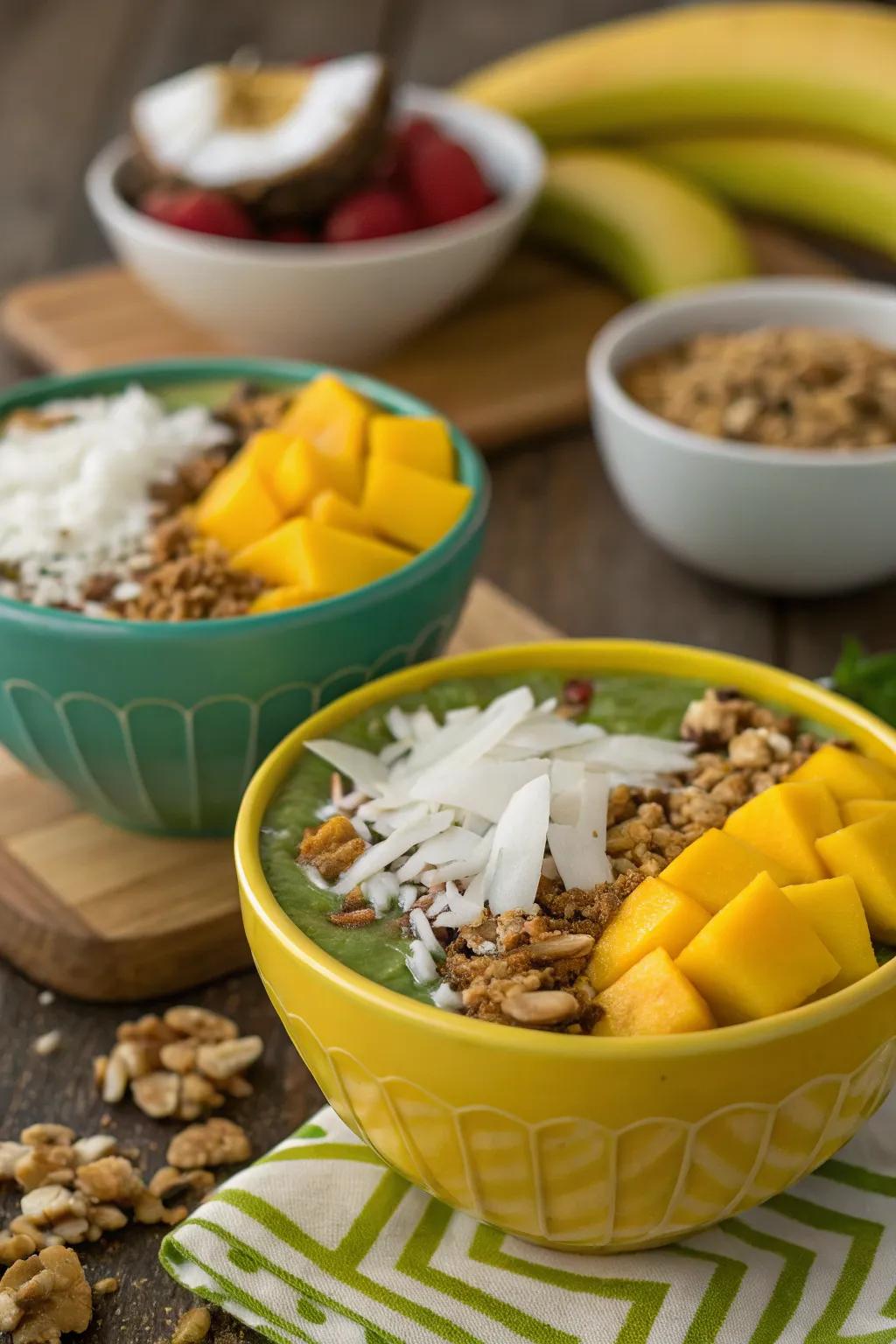 Revitalizing tropical fruit blend bowls for a sunny ambiance.
