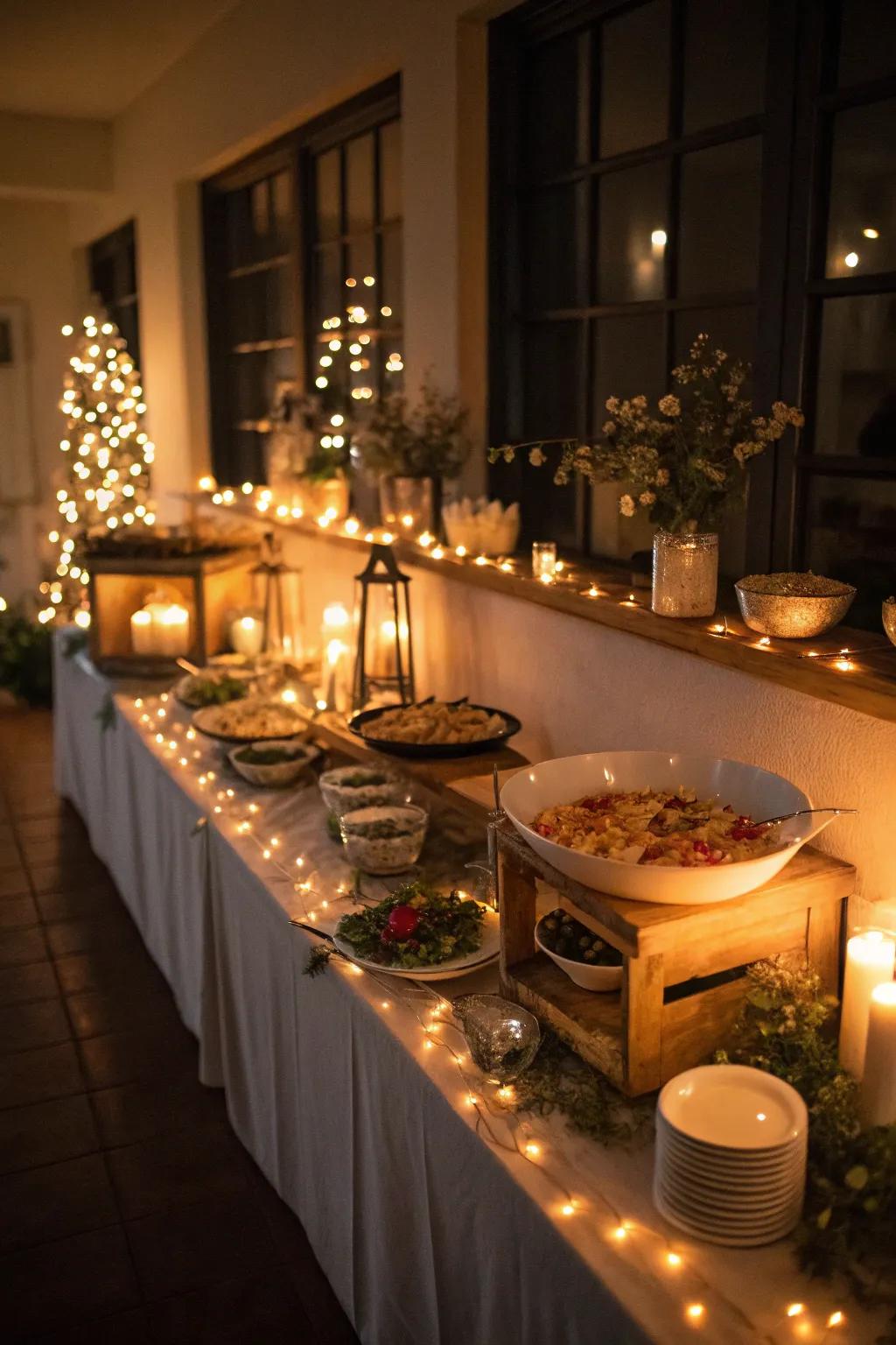 Strategic lighting forms a welcoming and enchanting buffet ambiance.