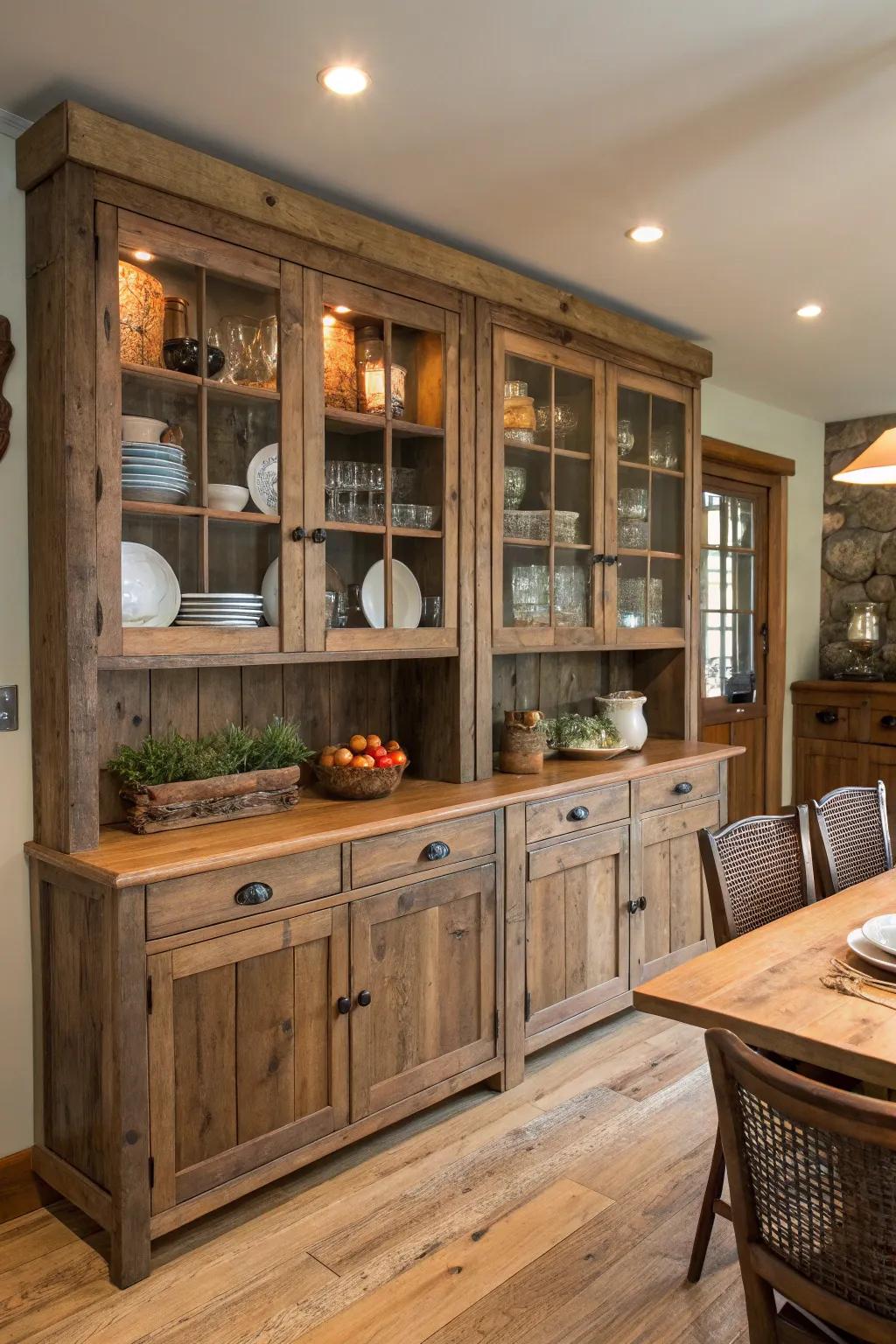 Built-in cabinets featuring the natural and sustainable beauty of reclaimed wood.