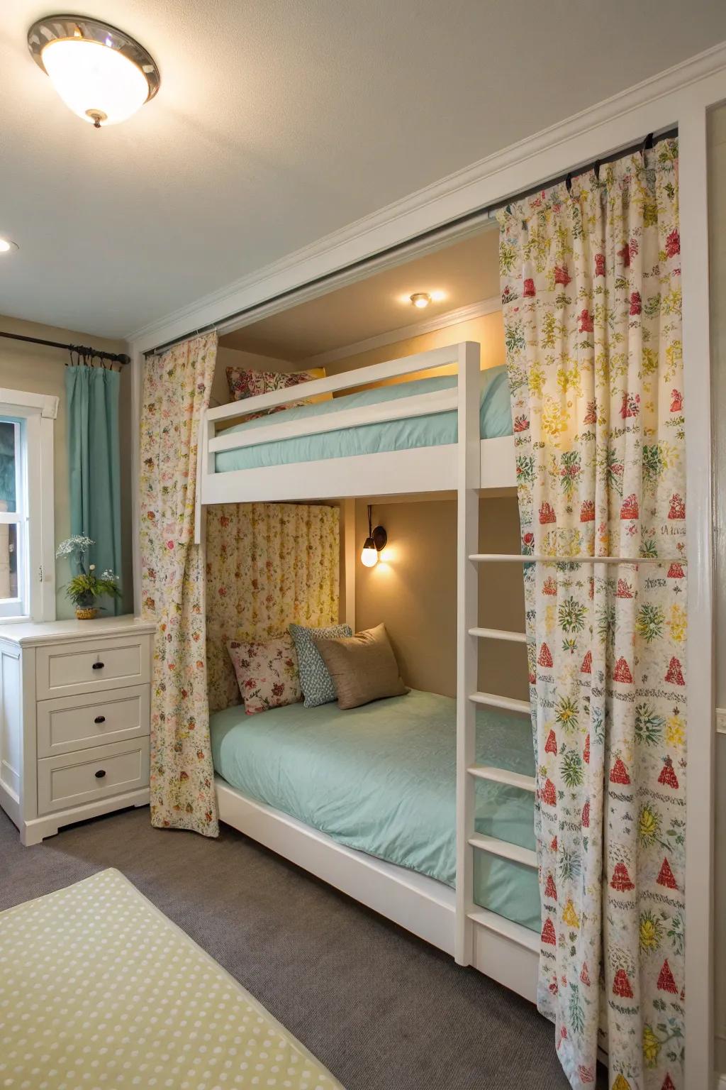 Whimsical drape dividers add privacy and magic to bunk beds.