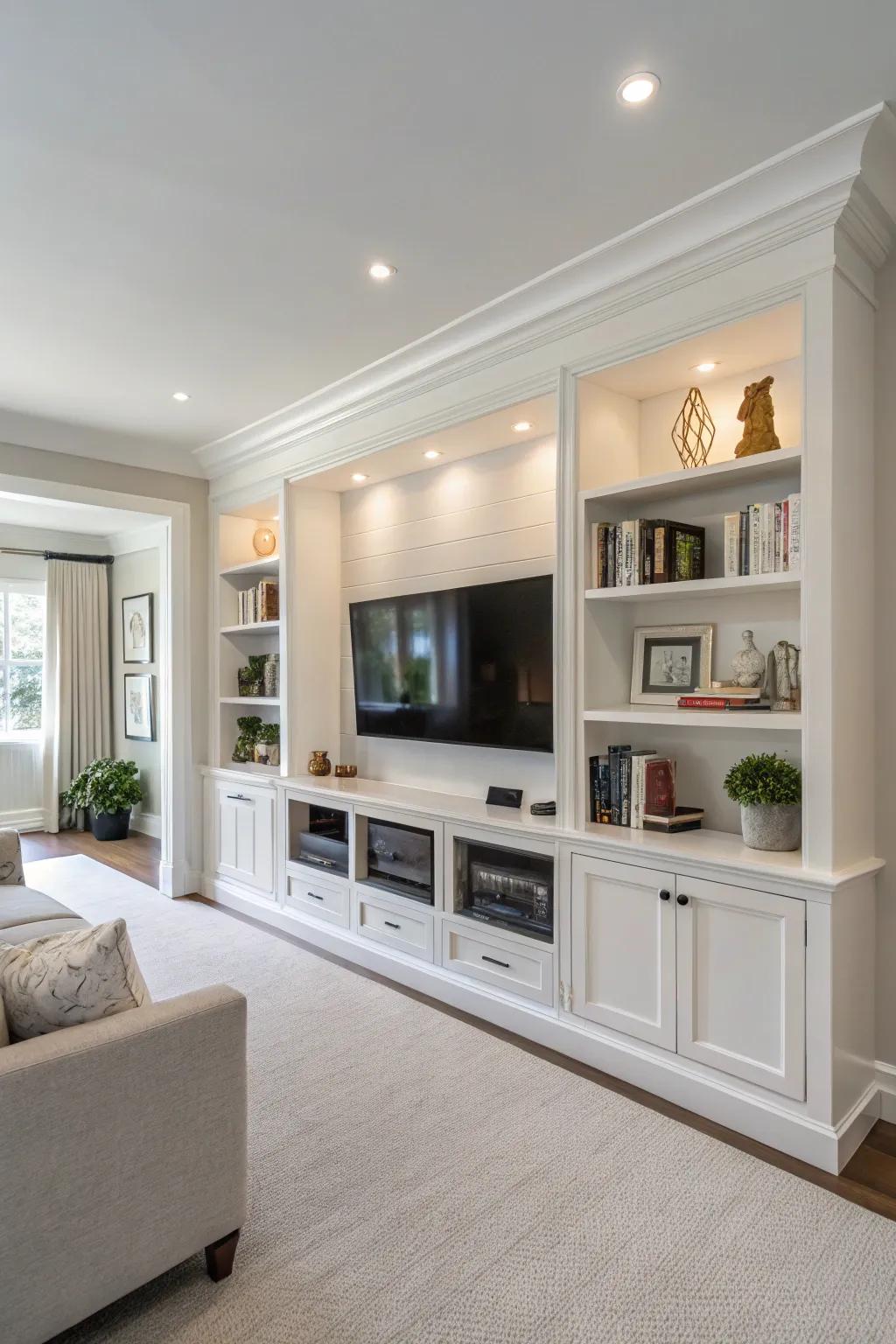 Shelving installed with hidden TV storage gives a tidy style.