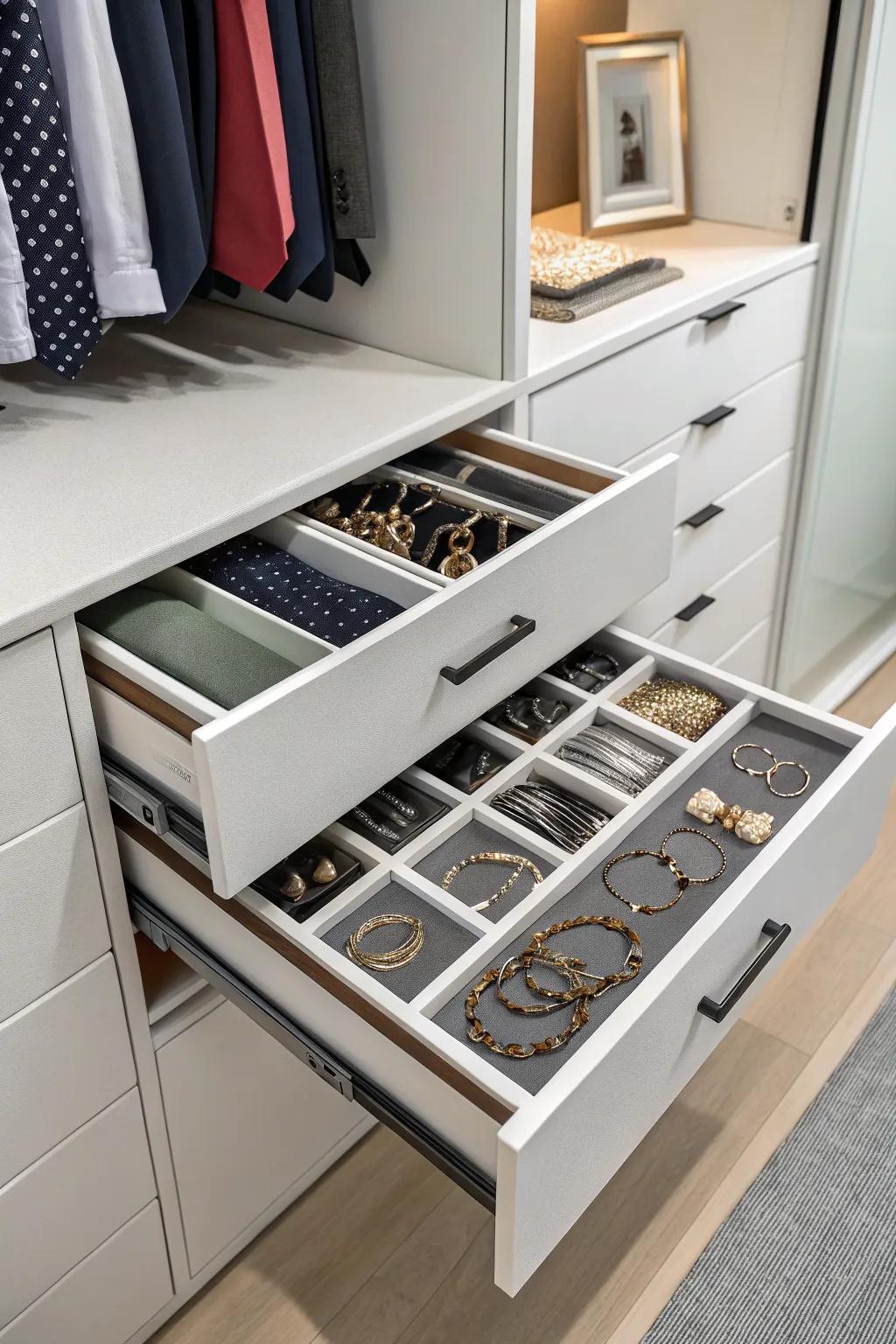 Adaptable drawer components ensure the meticulous arrangement of diminutive articles.