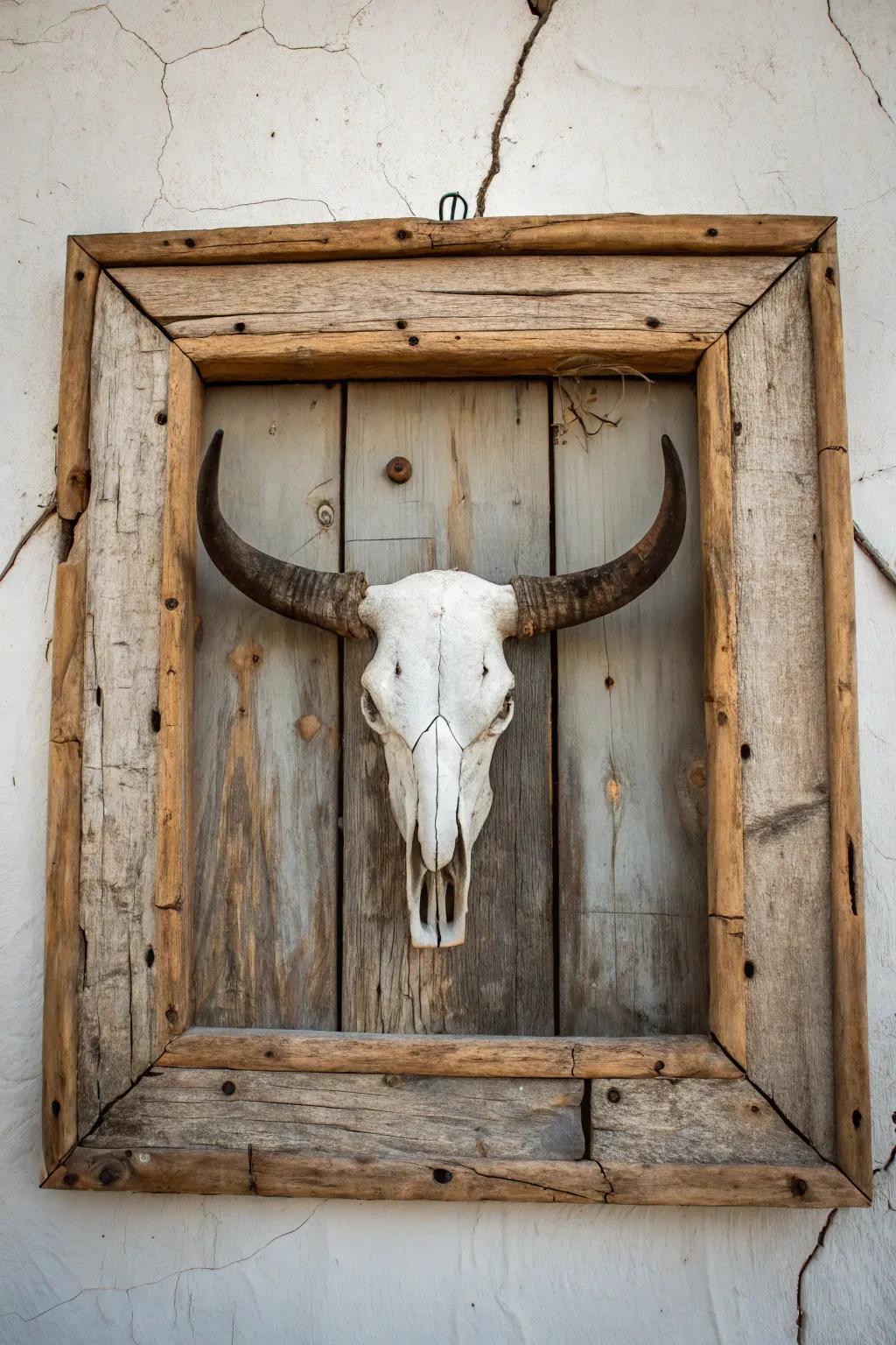 Country charm with a framed cattle skull.