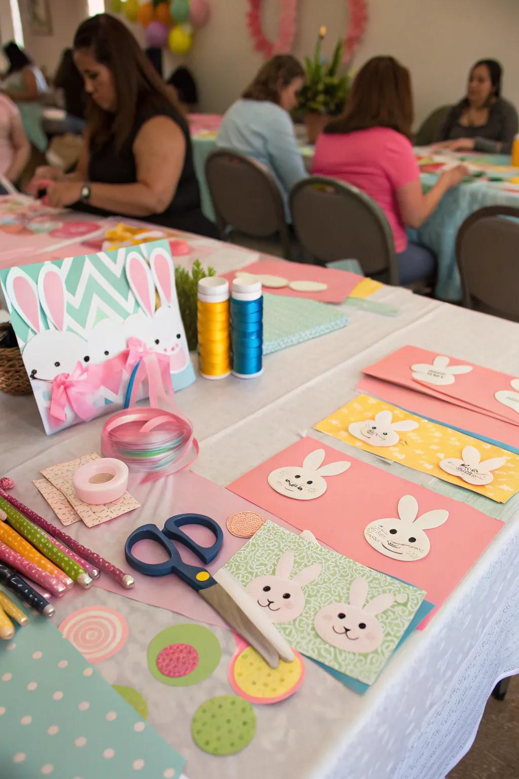 A creative DIY crafting station for attendees to fashion bunny-themed crafts.