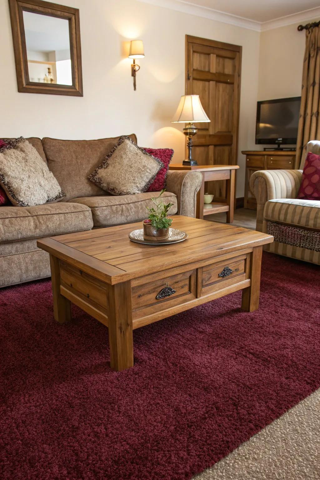 Timber elements impart warmth and complement a claret floor covering.