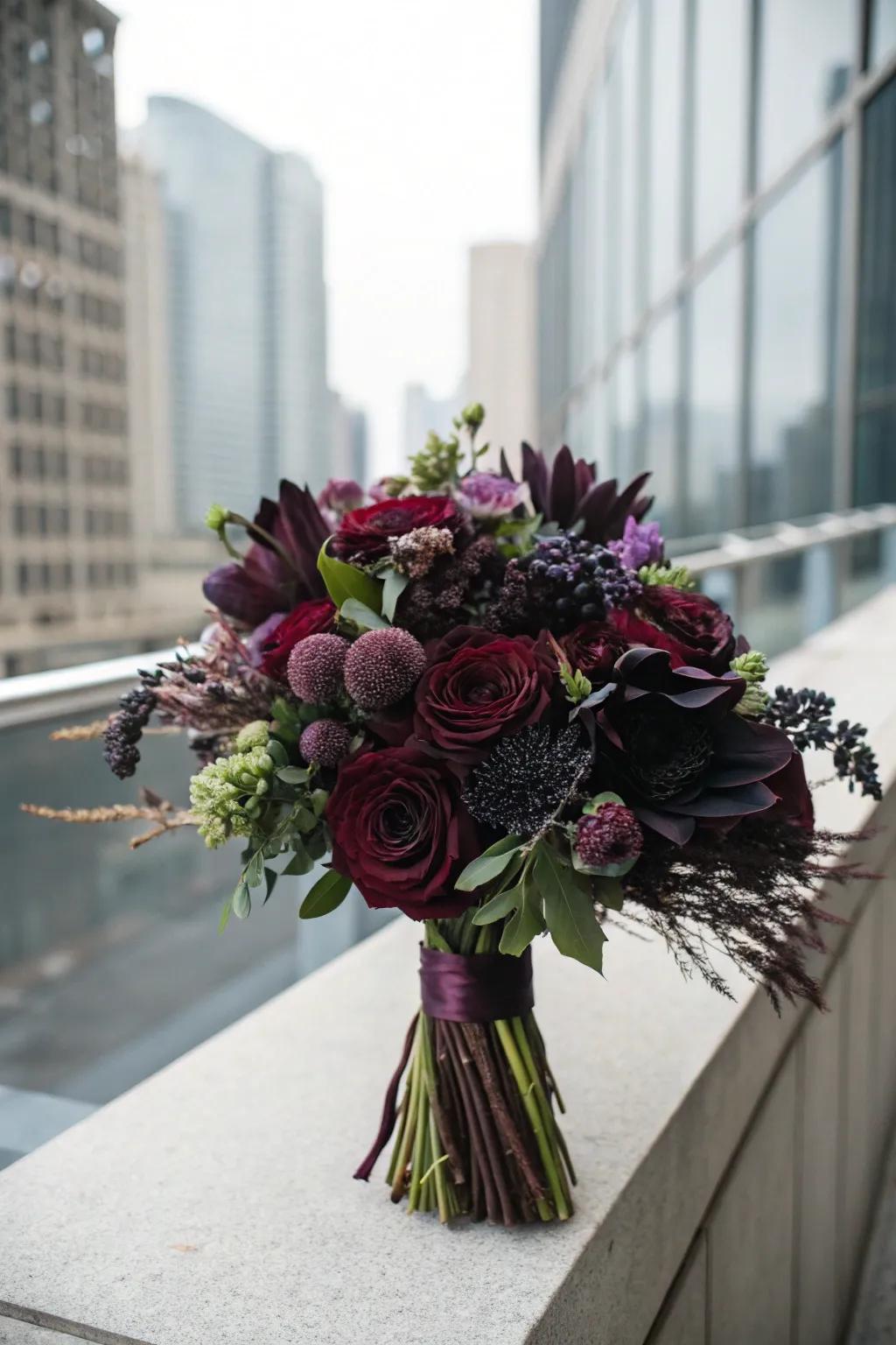 A dramatic bouquet featuring burgundy, purple, and black flowers.