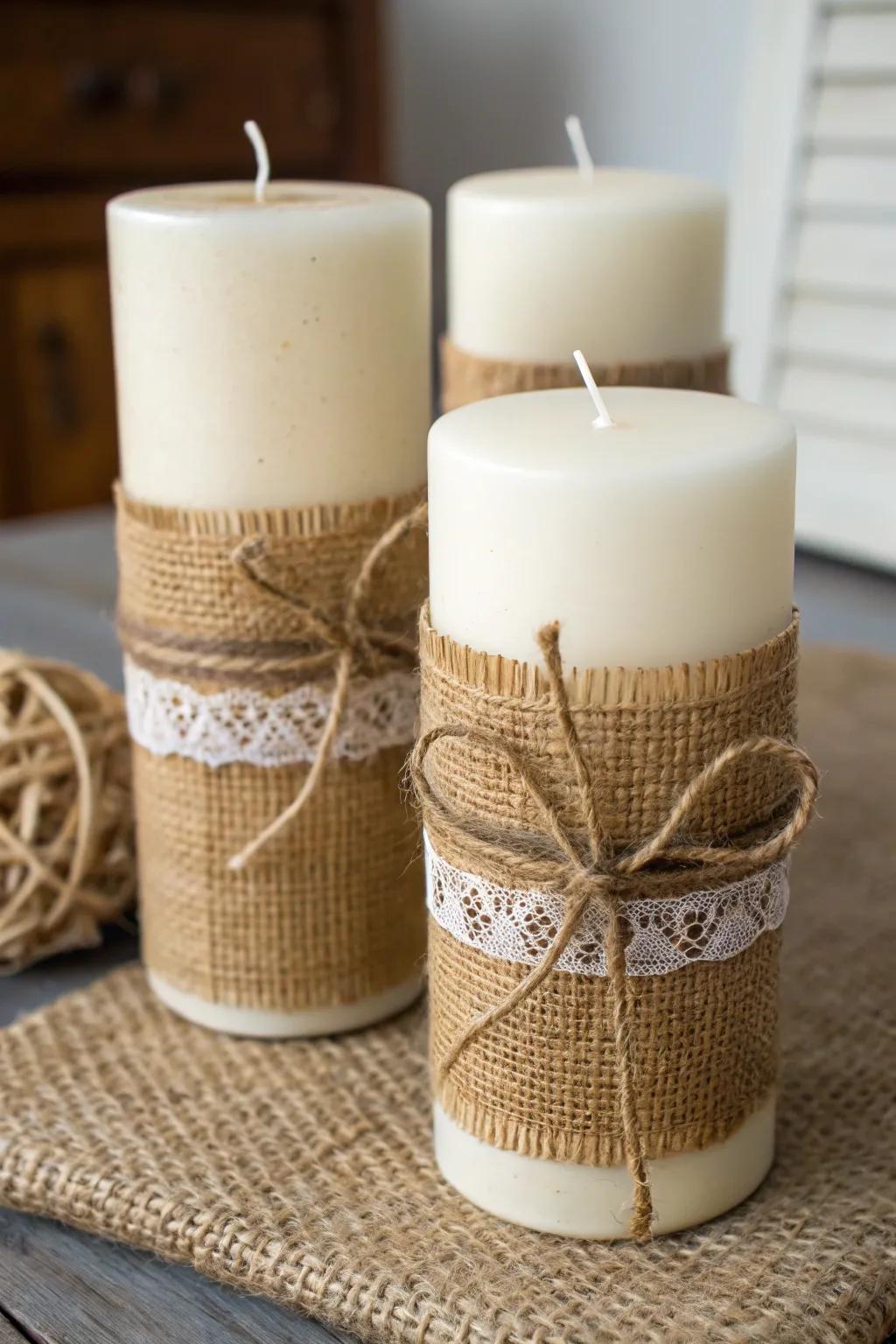 Hessian covers contribute a cozy touch to candles.