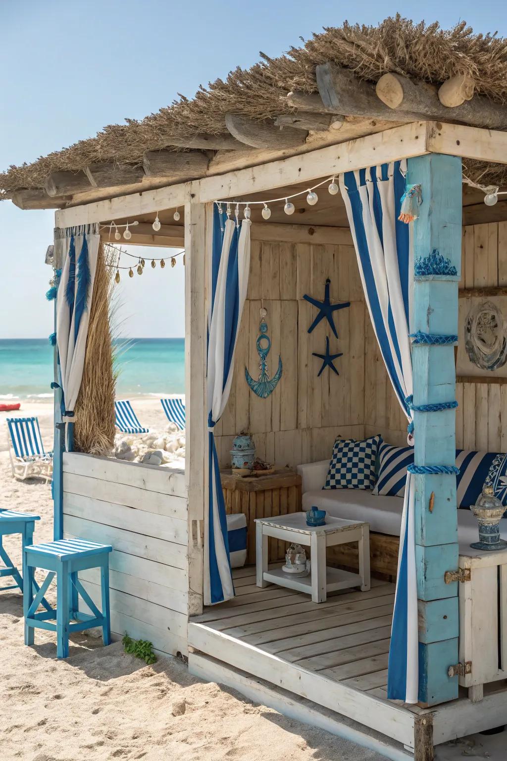 A relaxing beachside cabana featuring a nautical theme.