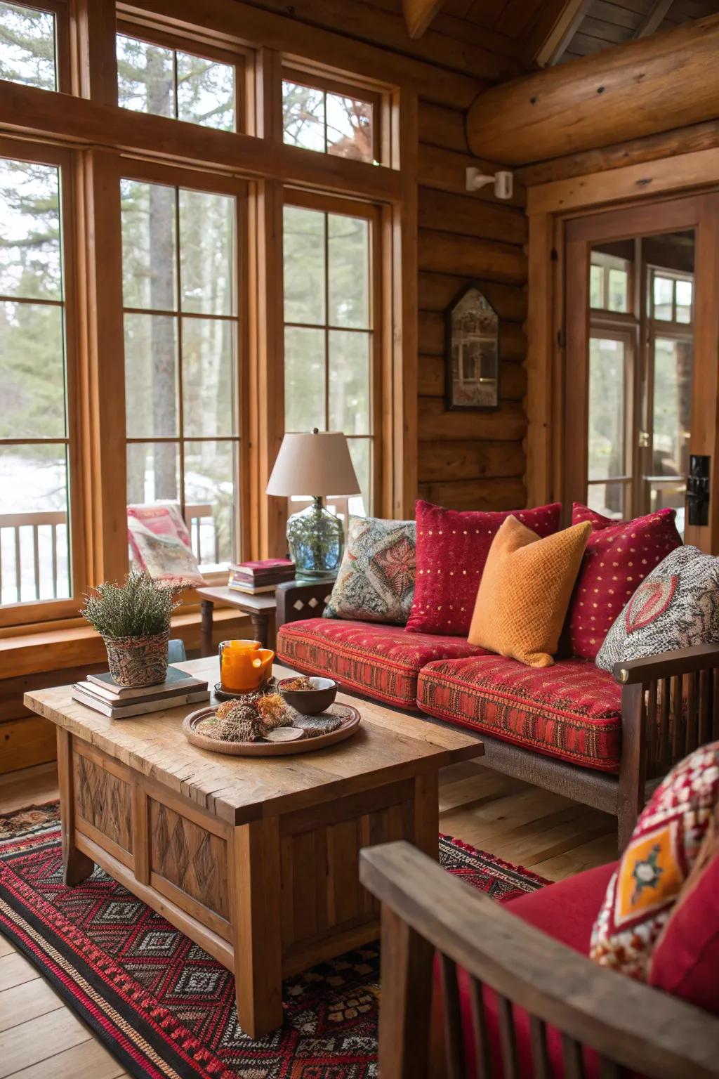 Cabin interior enlivened with color accents