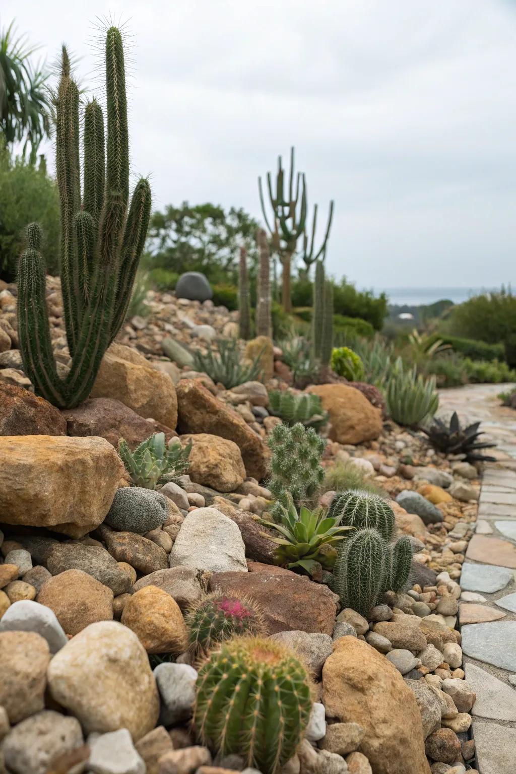 Cacti bringing texture and vitality to a stone garden.