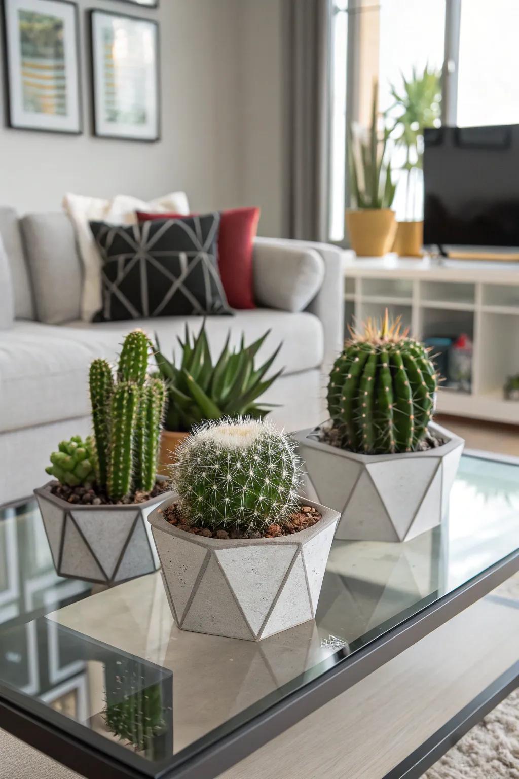 Polygonal homes contribute a contemporary twist for your cactus setting.