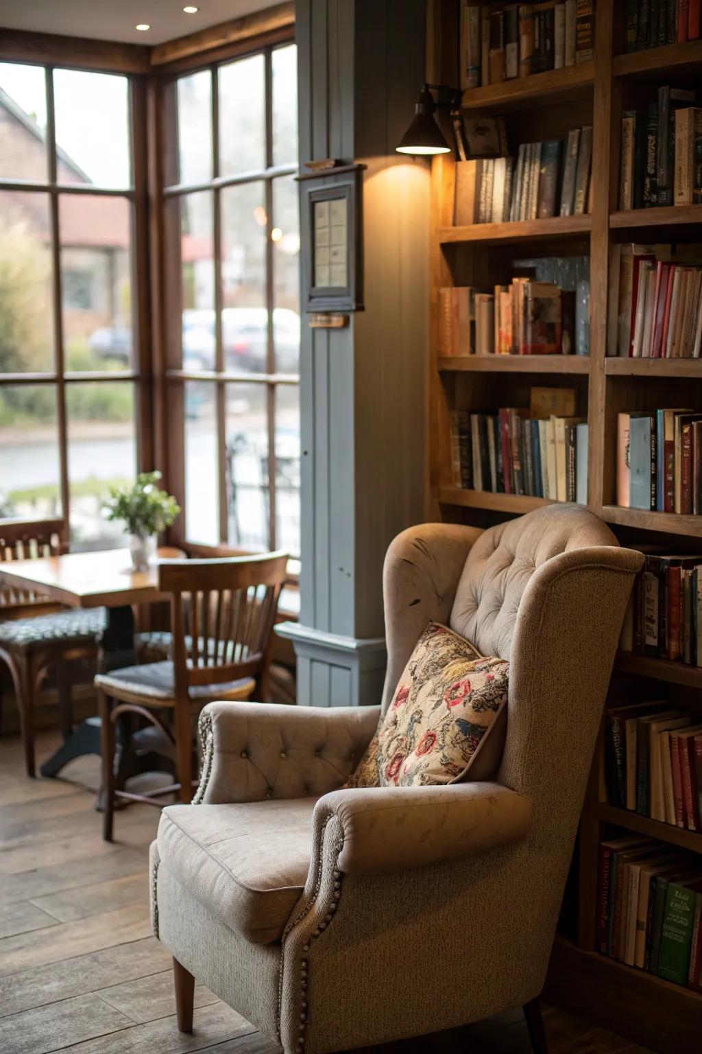 A reading cranny extends a serene sanctuary within your home cafe.