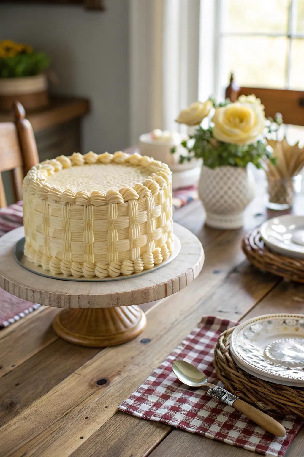 Charming buttercream woven container for a rustic dessert