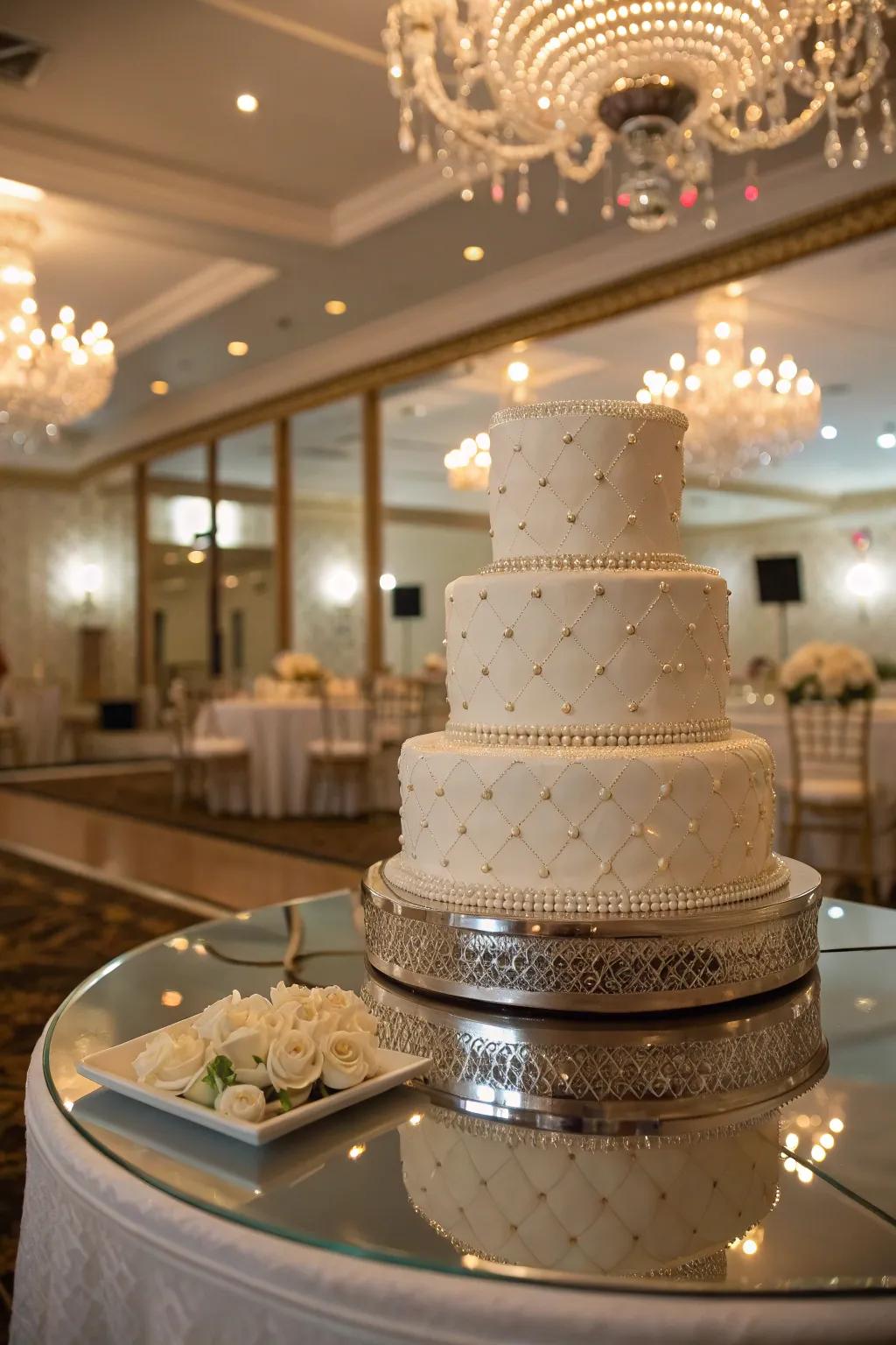 A cake on a mirrored platter, enhancing the presentation with reflected light and depth.