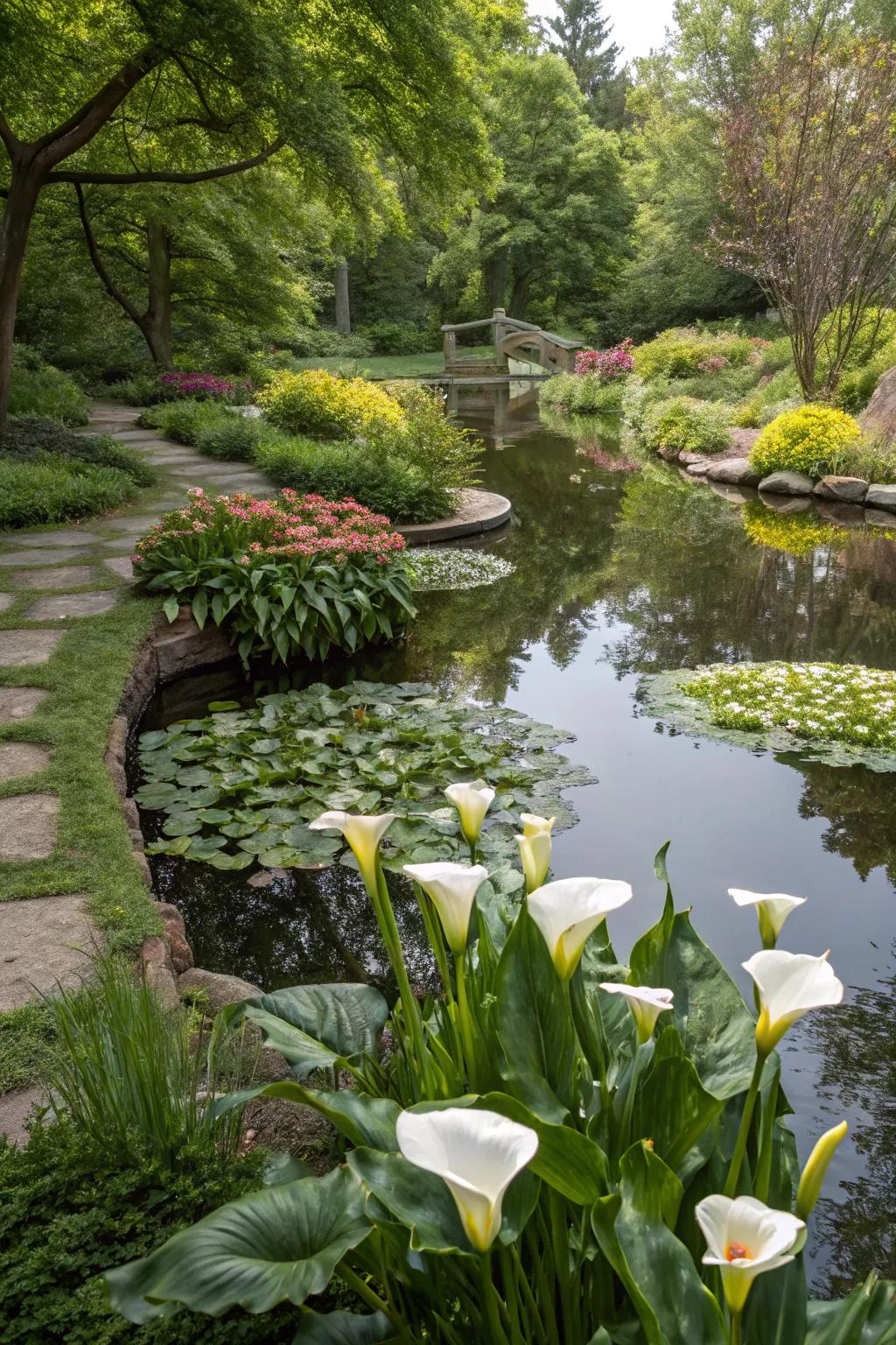 Radiant snowdrops creating a serene water garden oasis.