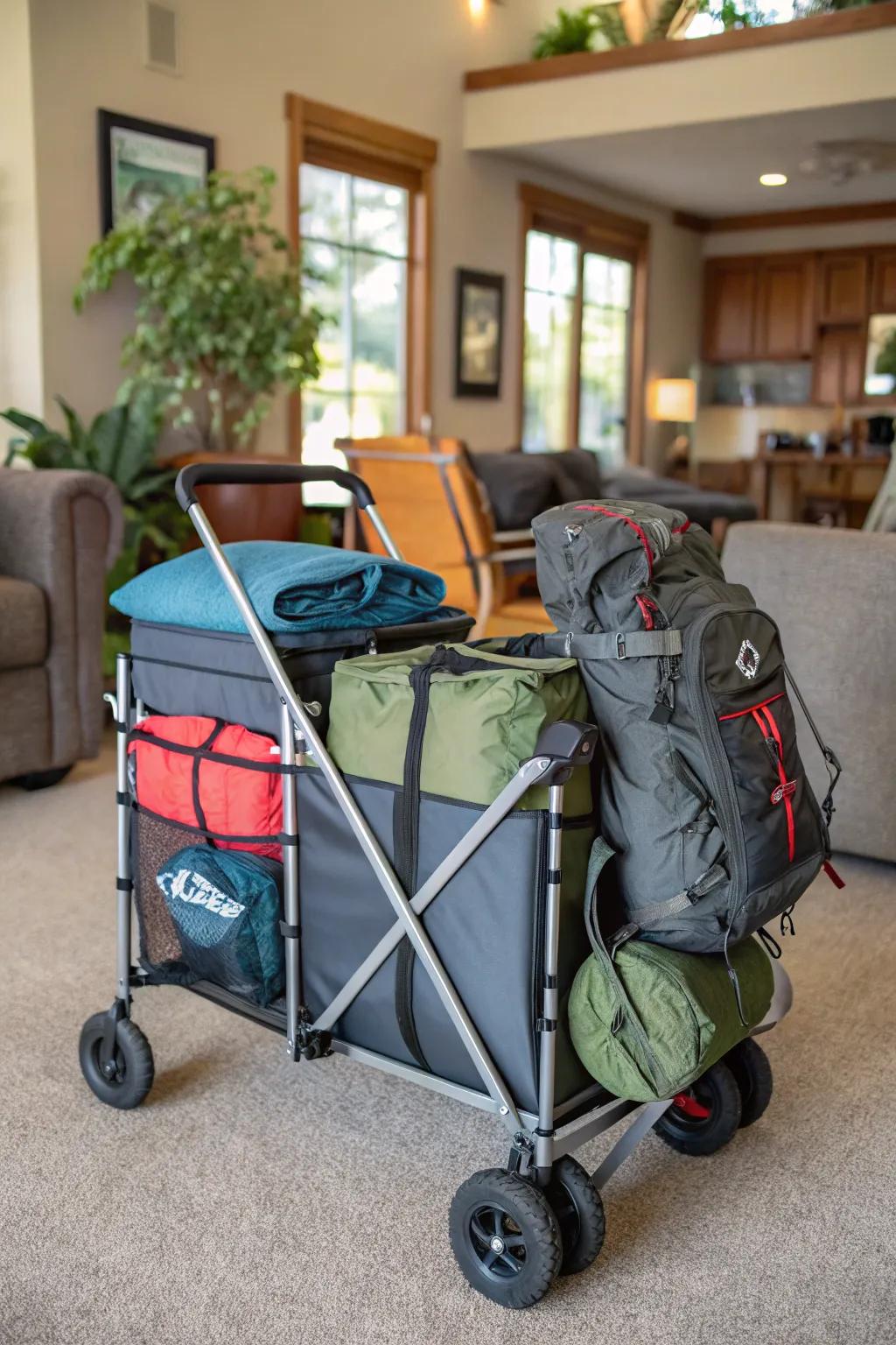 A mobile cart setup provides flexible and mobile storage for camping gear.