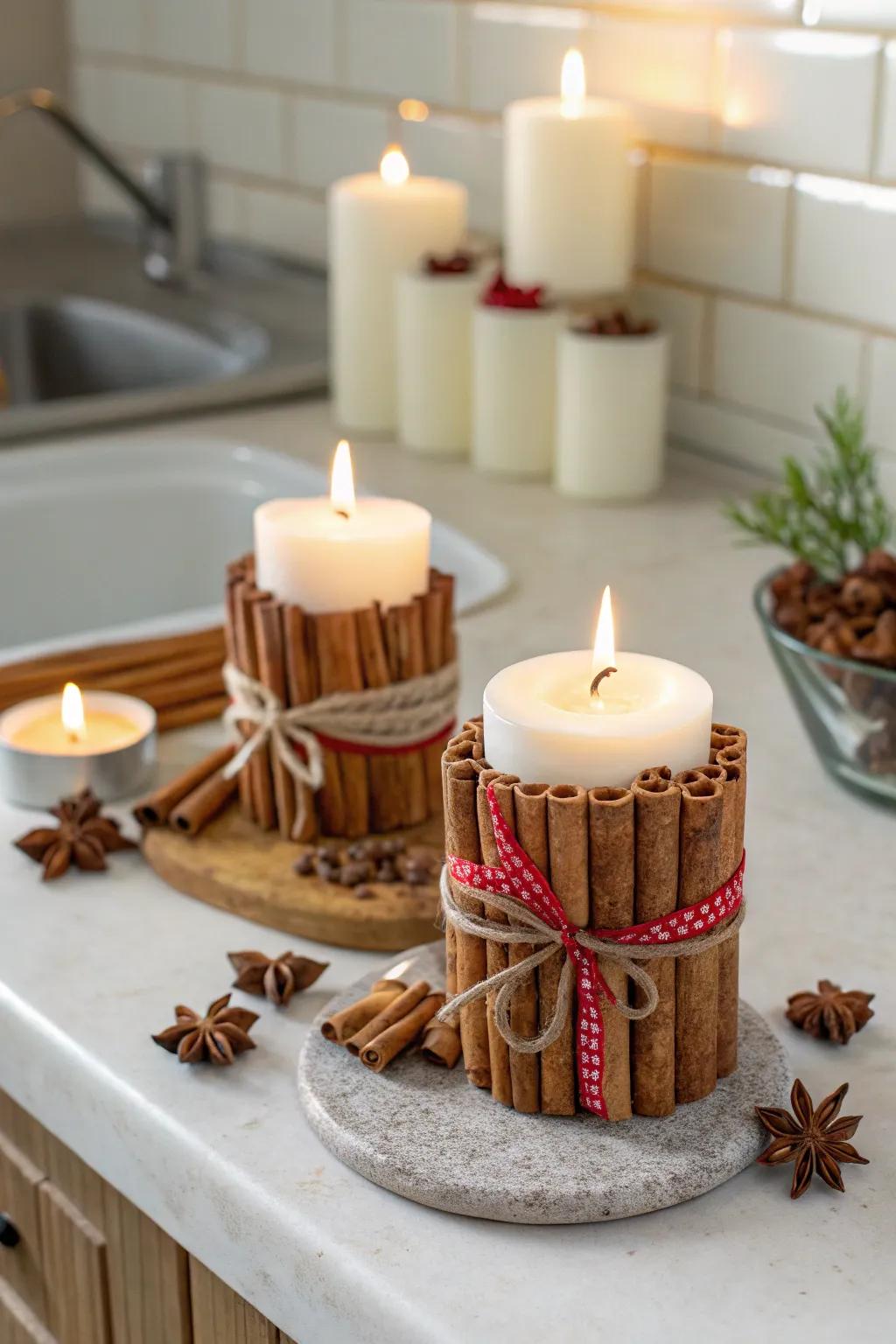 Snug aroma featuring cinnamon baton-wrapped candles.