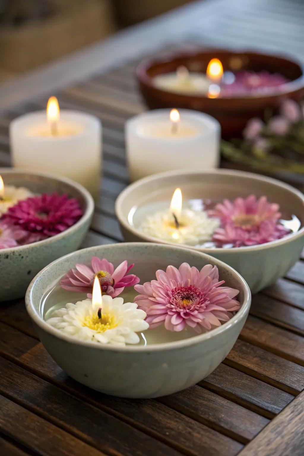 Floating flames and blooms in small bowls for a dash of hue.