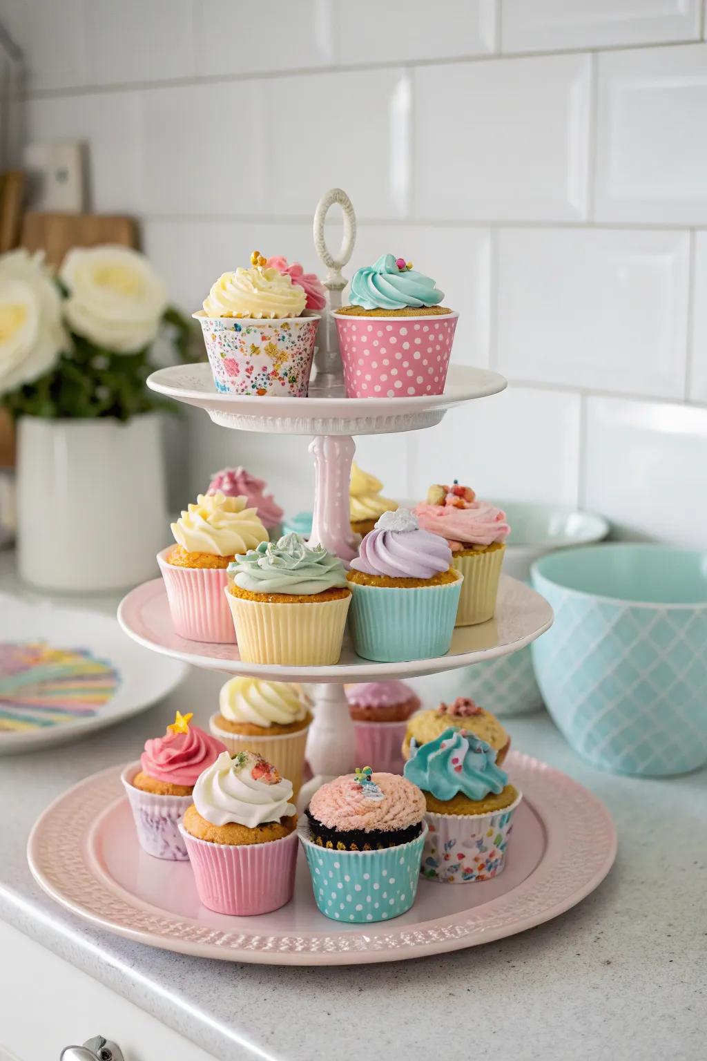 A handcrafted cupcake tower provides both charm and utility.