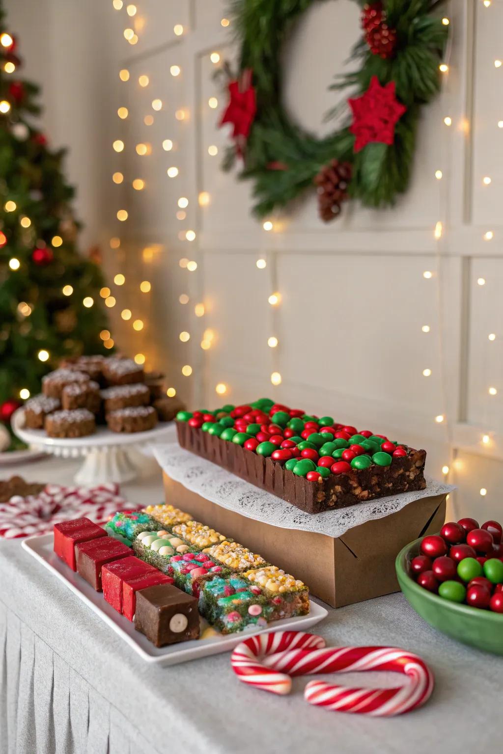 A festive holiday candy bar, adorned with colorful treats and seasonal charm.