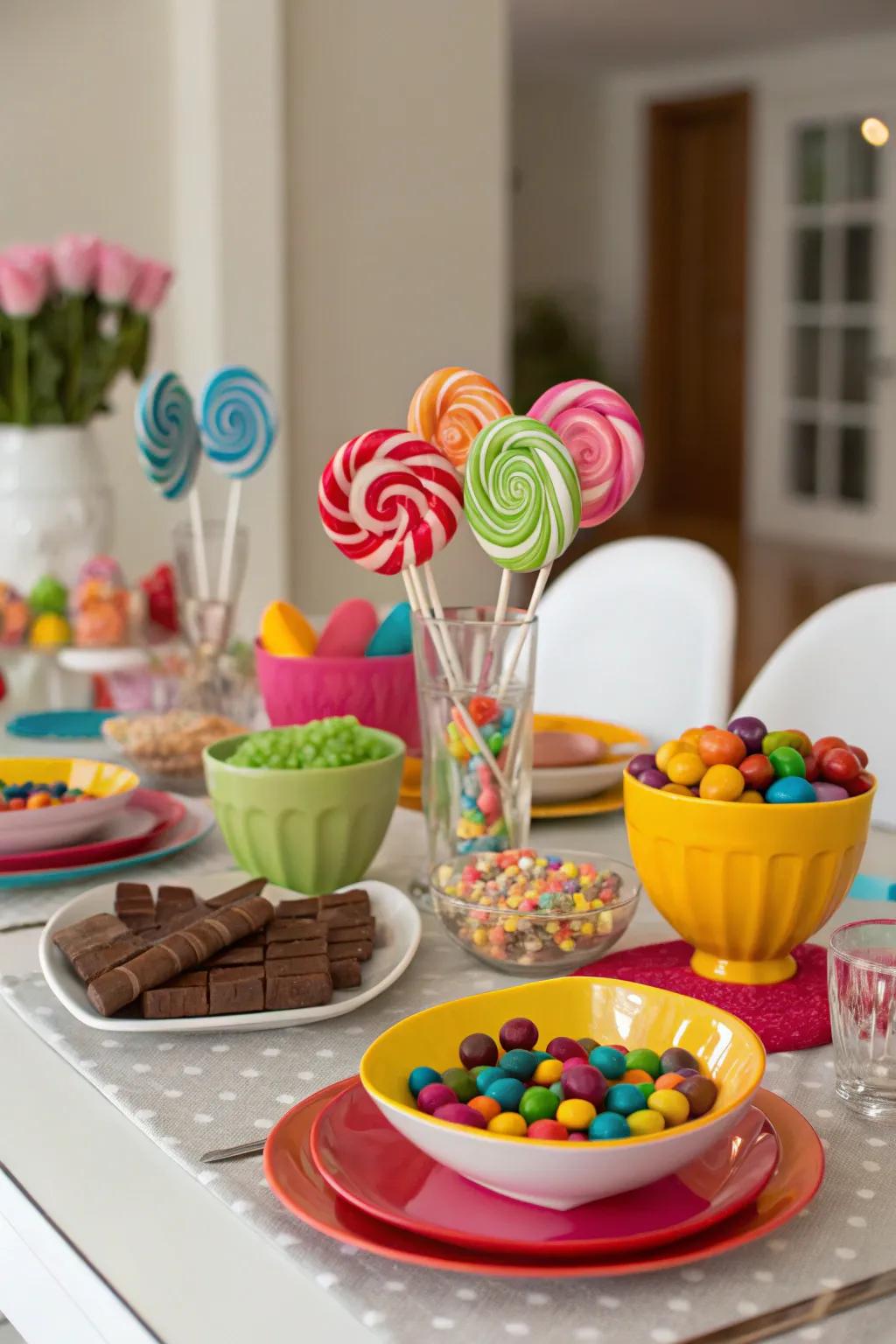 Sweets-themed table arrangements fashion a delightful dining sensation.