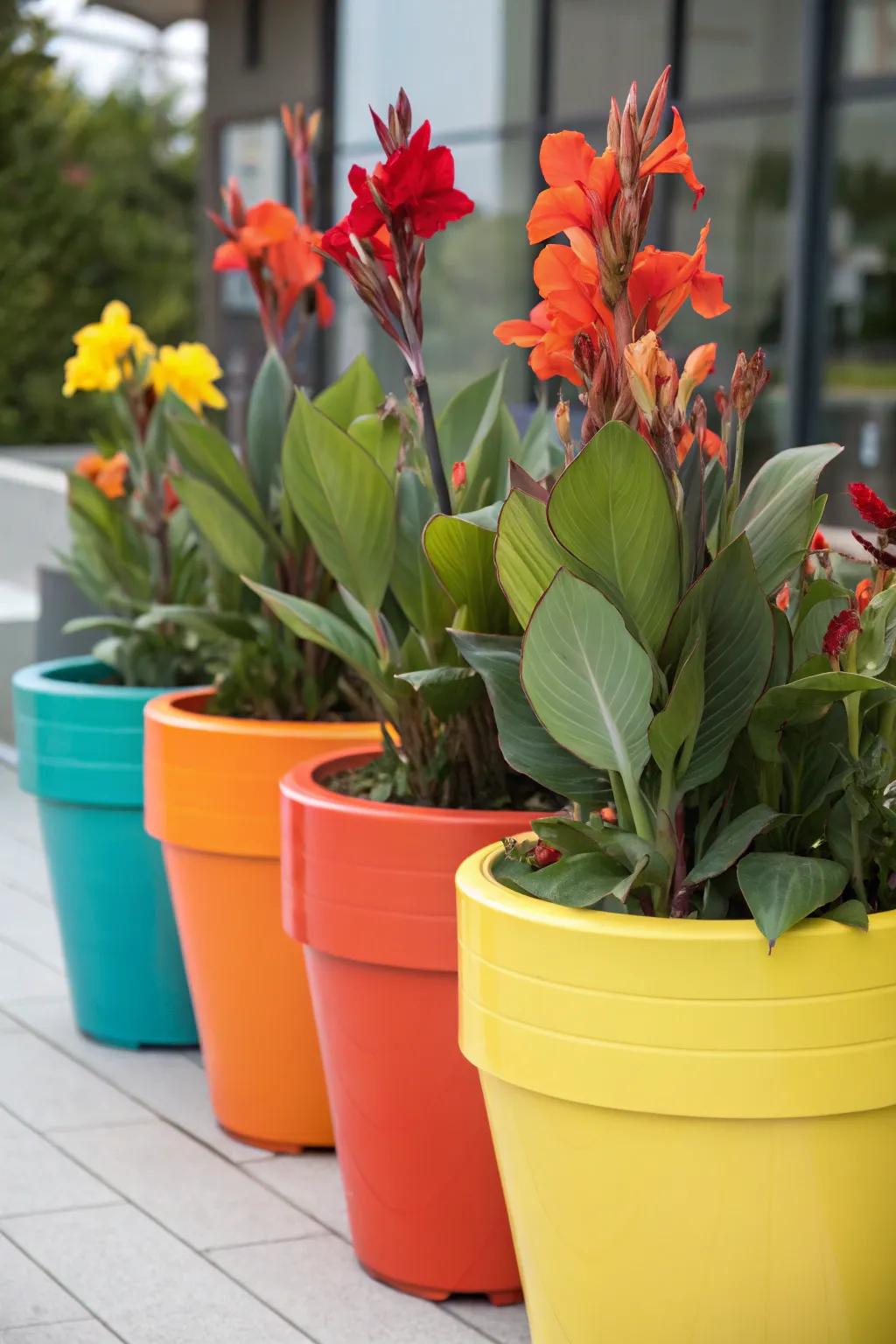 Majestic blooms in color-blocked pots for a playful garden display.