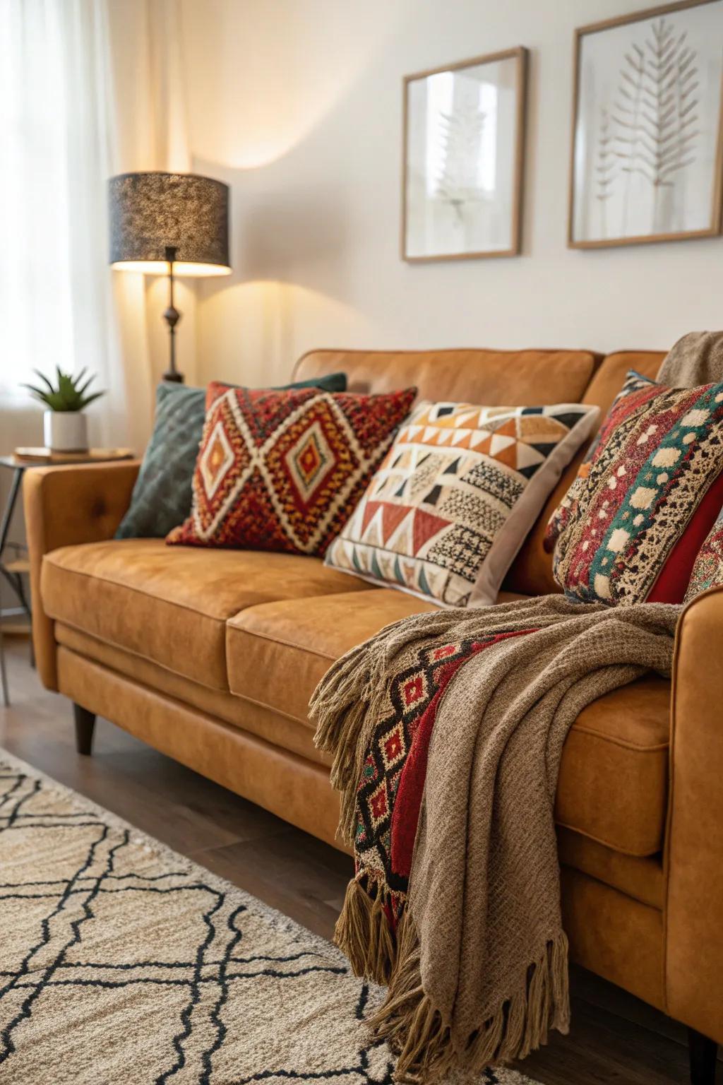 Striking patterns add dynamic interest to a honey-toned sofa room.