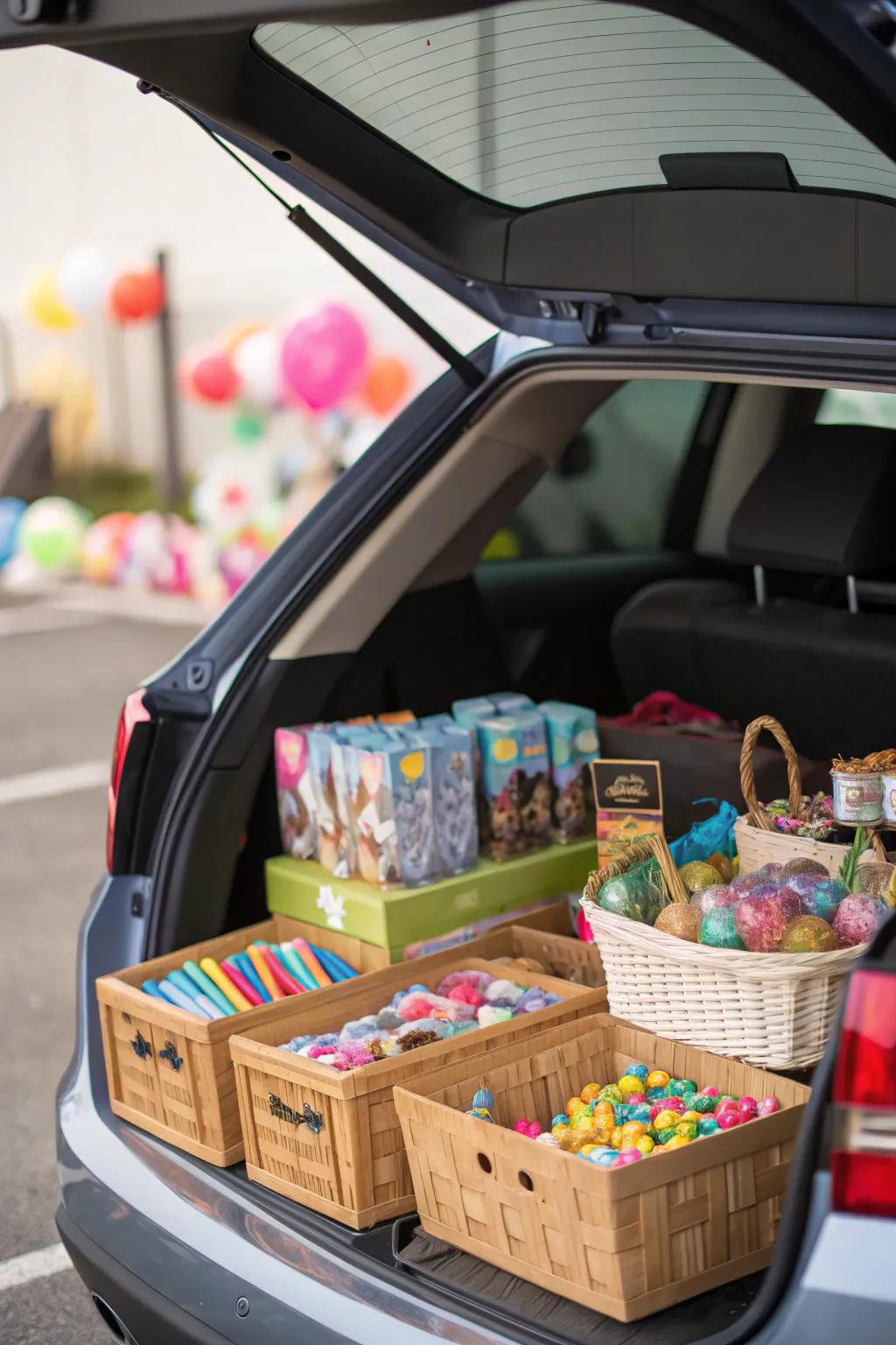 A reward center trunk inviting visitors to win small toys and treats.